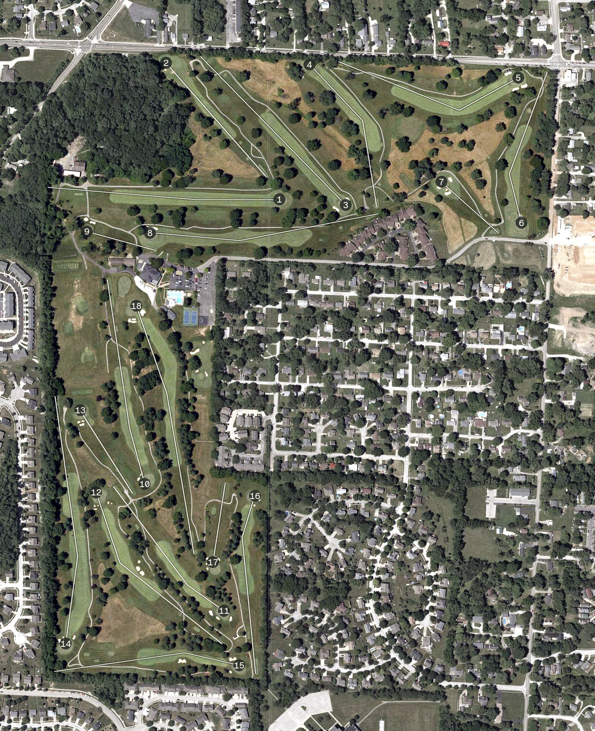 Aerial view of Bloomington Country Club, IN, with its hole routing marked