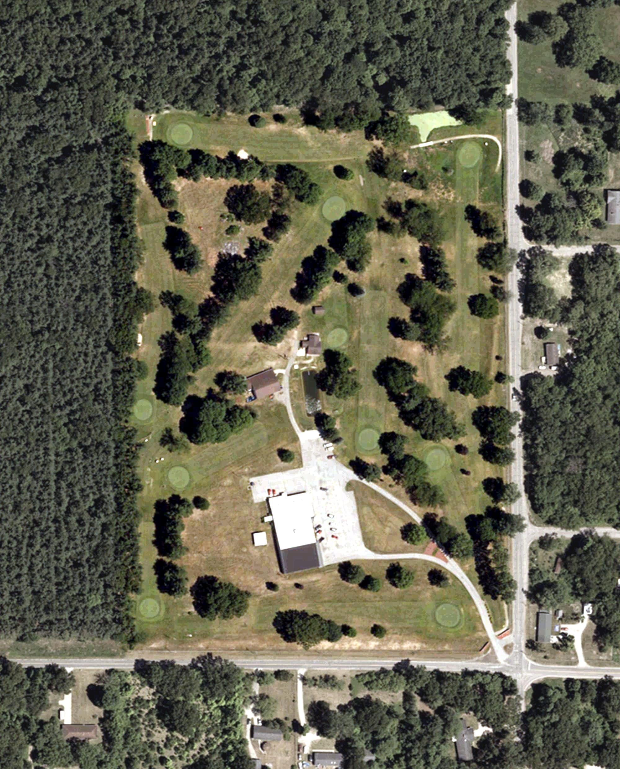 Aerial view of Bowler's Country Club, IN, with its hole routing marked