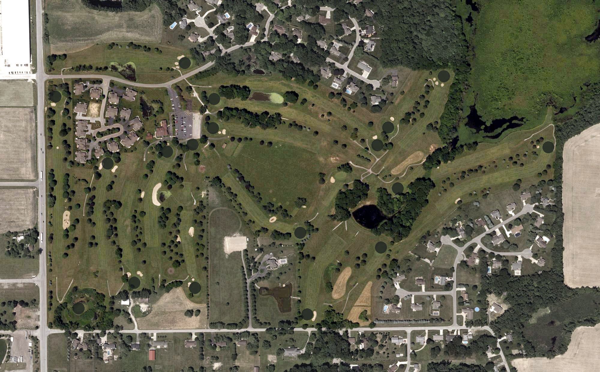 Aerial view of Briar Leaf Golf Club, IN, with its hole routing marked