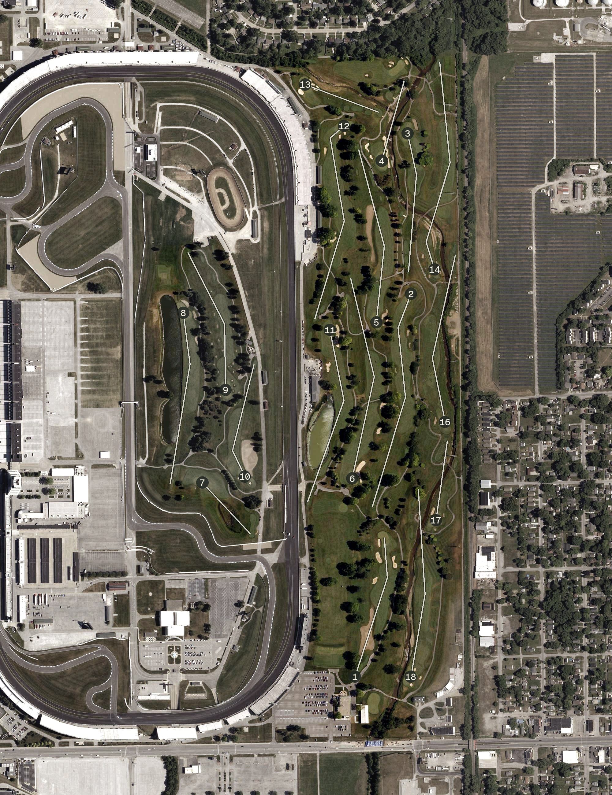 Aerial view of Brickyard Crossing Golf Course, IN, with its hole routing marked