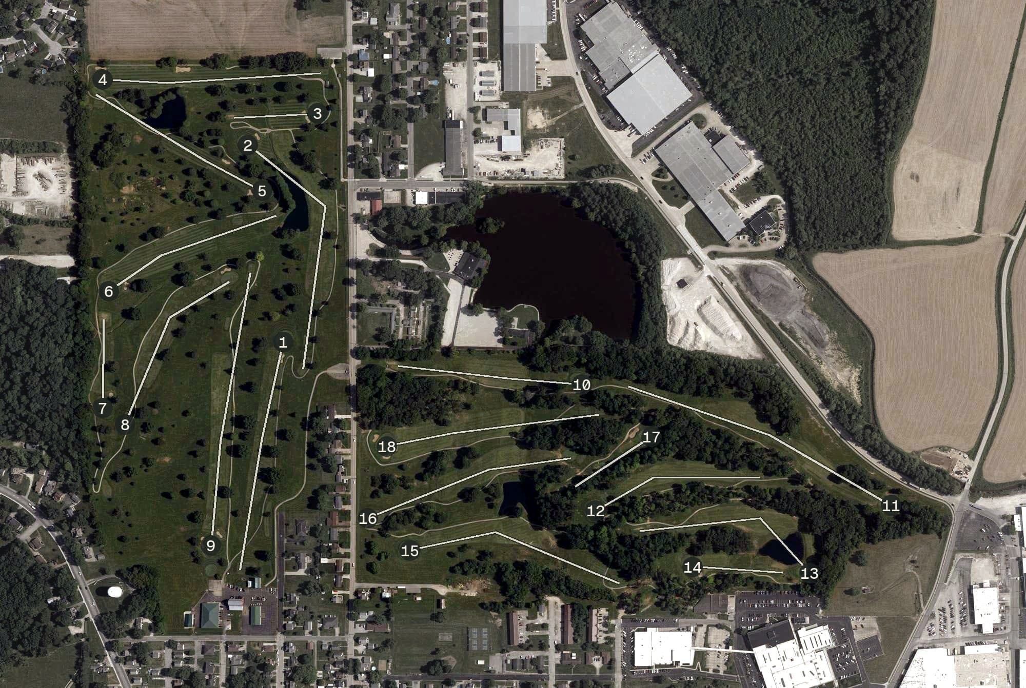 Aerial view of Buffalo Trace Golf Course, IN, with its hole routing marked