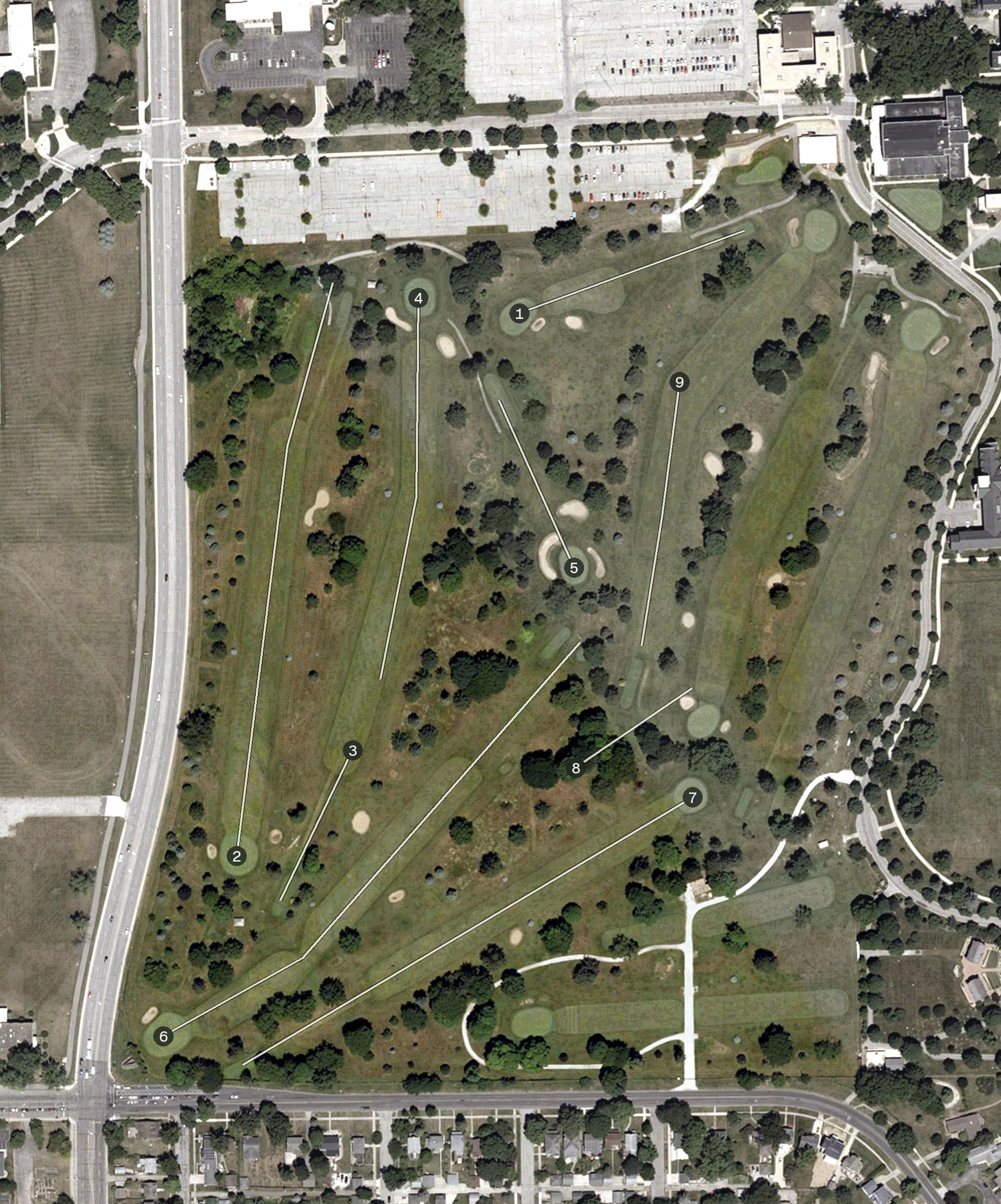 Aerial view of Burke Golf Course, IN, with its hole routing marked