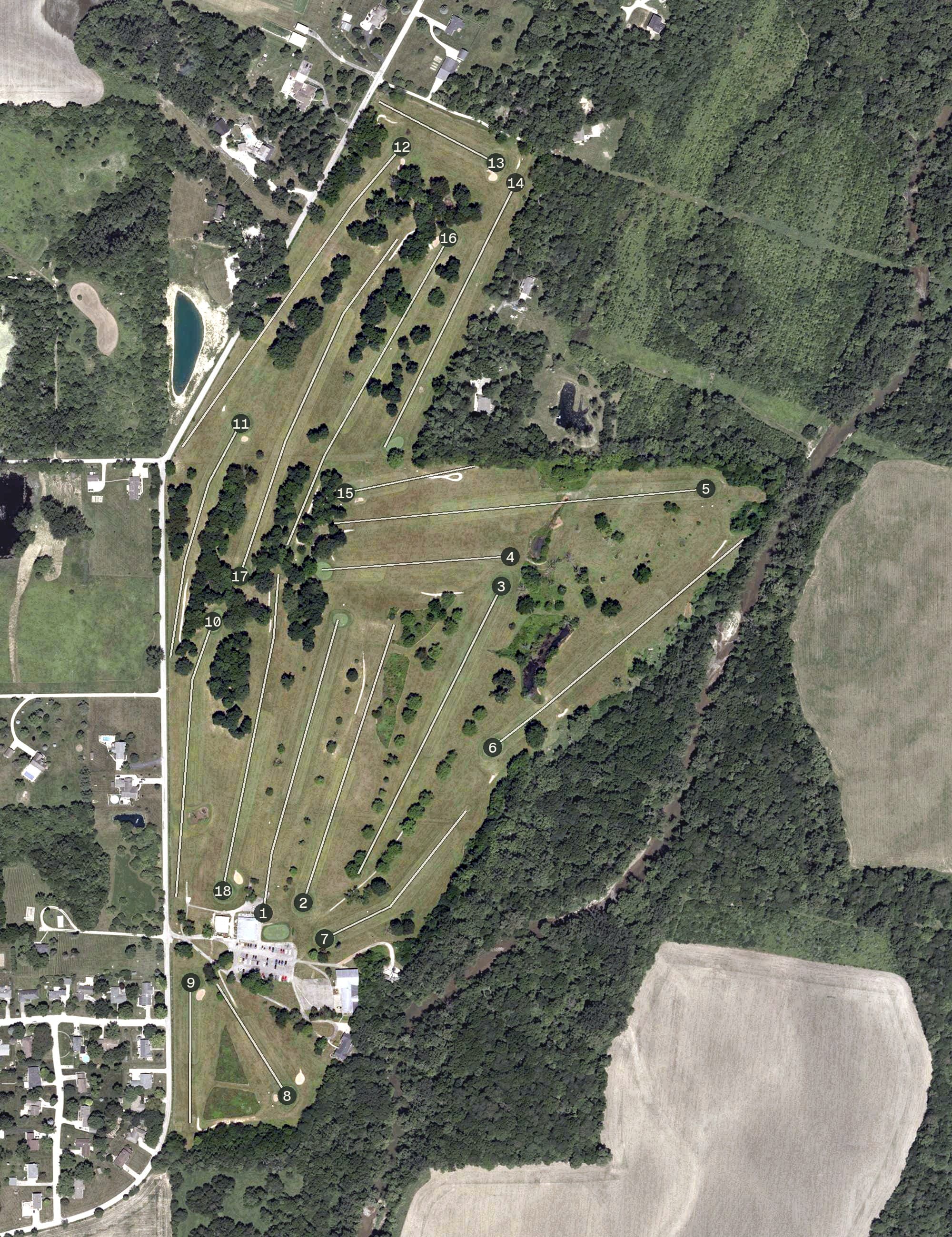 Aerial view of Cardinal Hills Golf Course, IN, with its hole routing marked