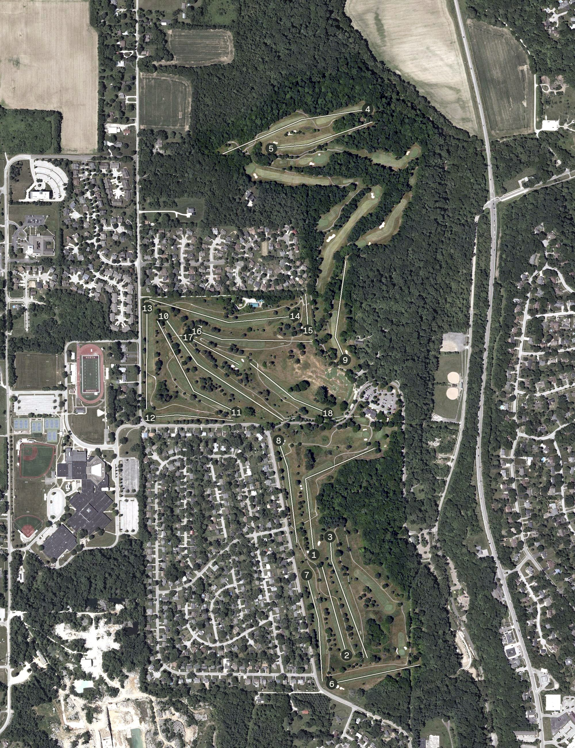 Aerial view of Cascades Golf Course, IN, with its hole routing marked