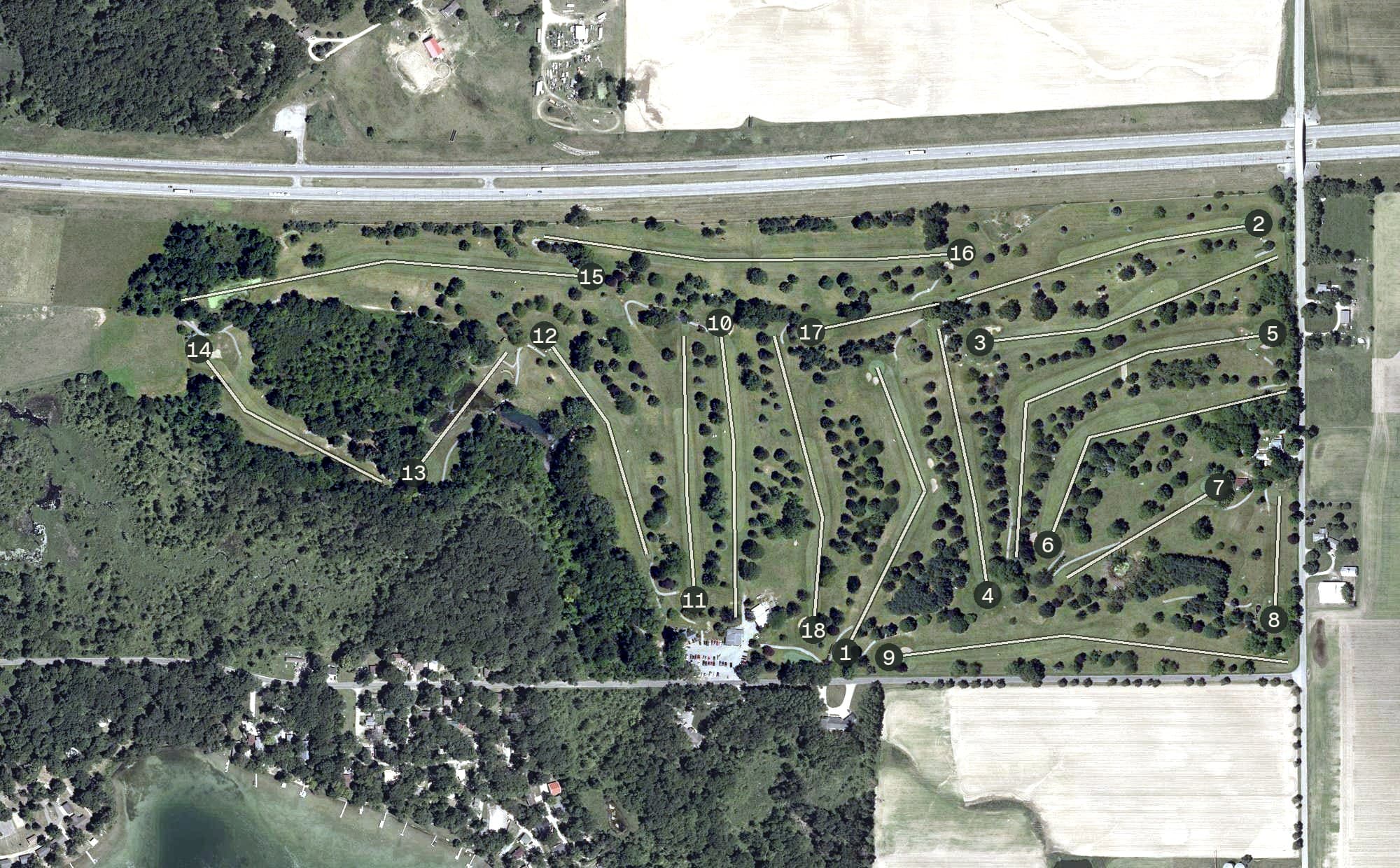 Aerial view of Cedar Lake Golf Club, IN, with its hole routing marked