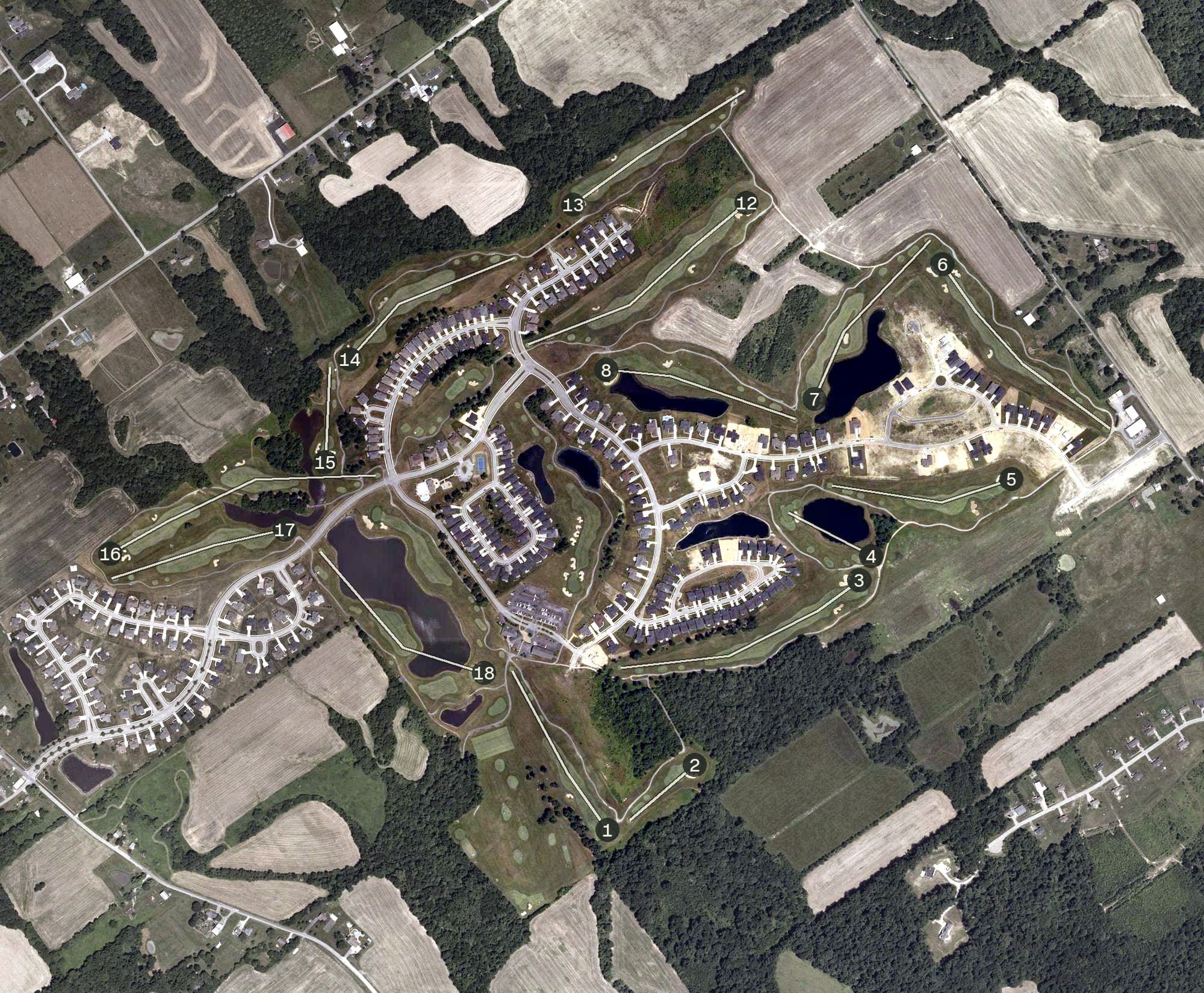 Aerial view of Champions Pointe Golf Club, IN, with its hole routing marked