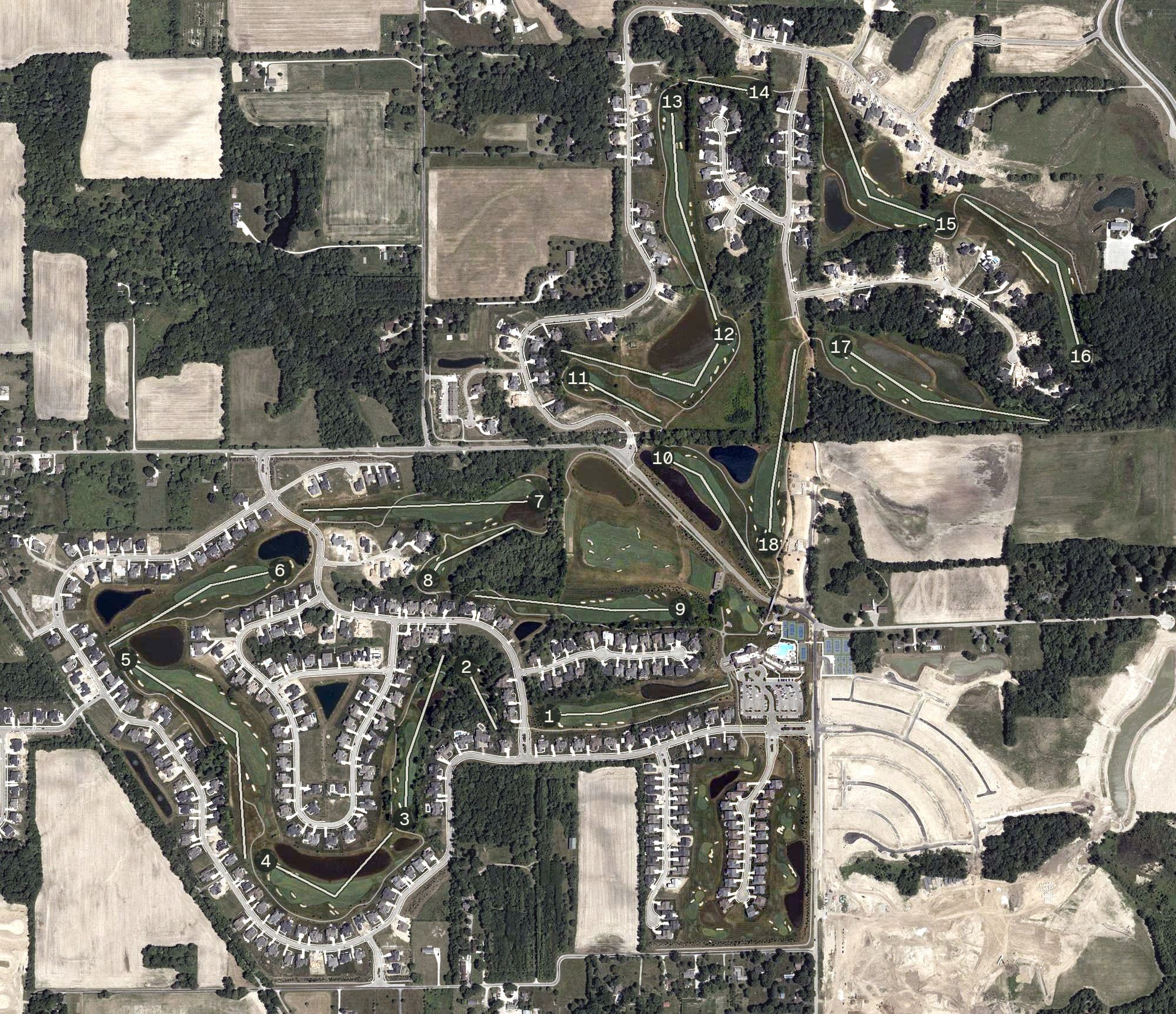 Aerial view of Chatham Hills Golf Course, IN, with its hole routing marked