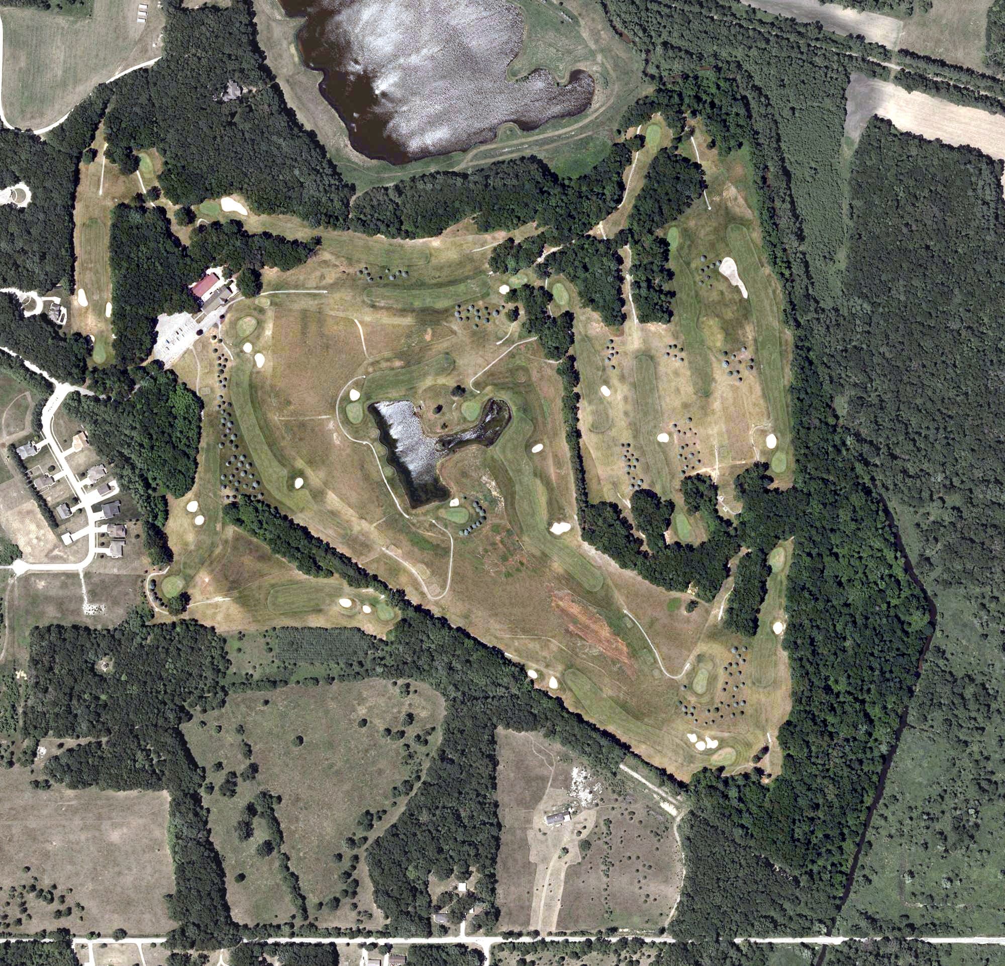 Aerial view of Chesapeake Run Golf Club, IN, with its hole routing marked