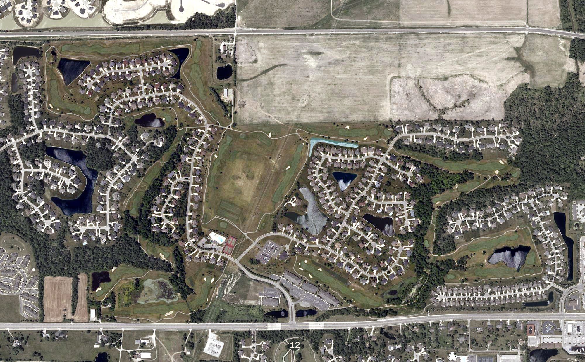 Aerial view of Chestnut Hills Golf Club, IN, with its hole routing marked