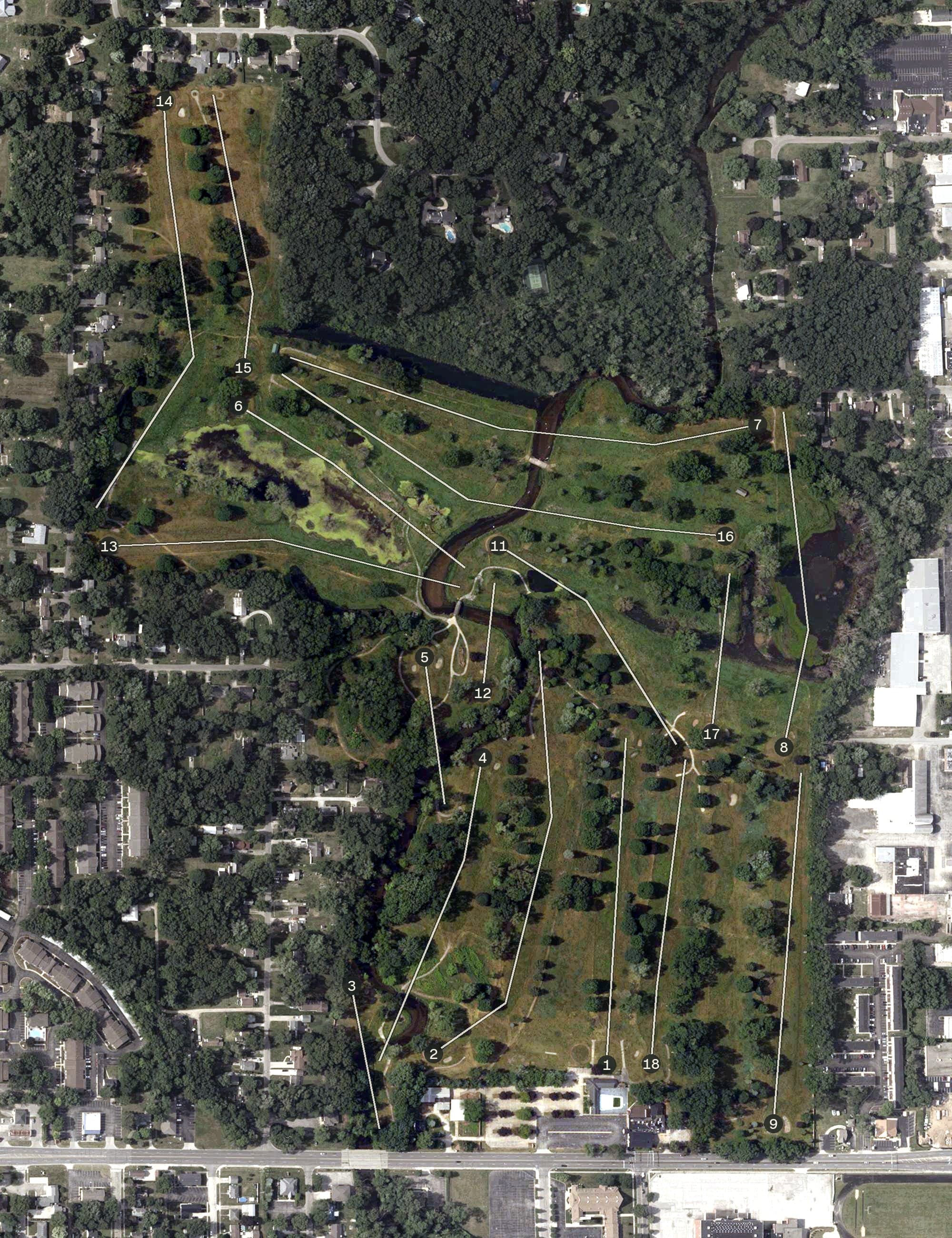 Aerial view of Christiana Creek Country Club, IN, with its hole routing marked