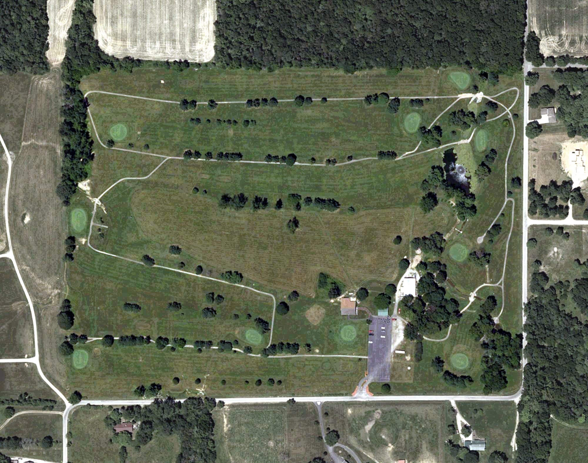 Aerial view of Clifty Creek Golf Course, IN, with its hole routing marked