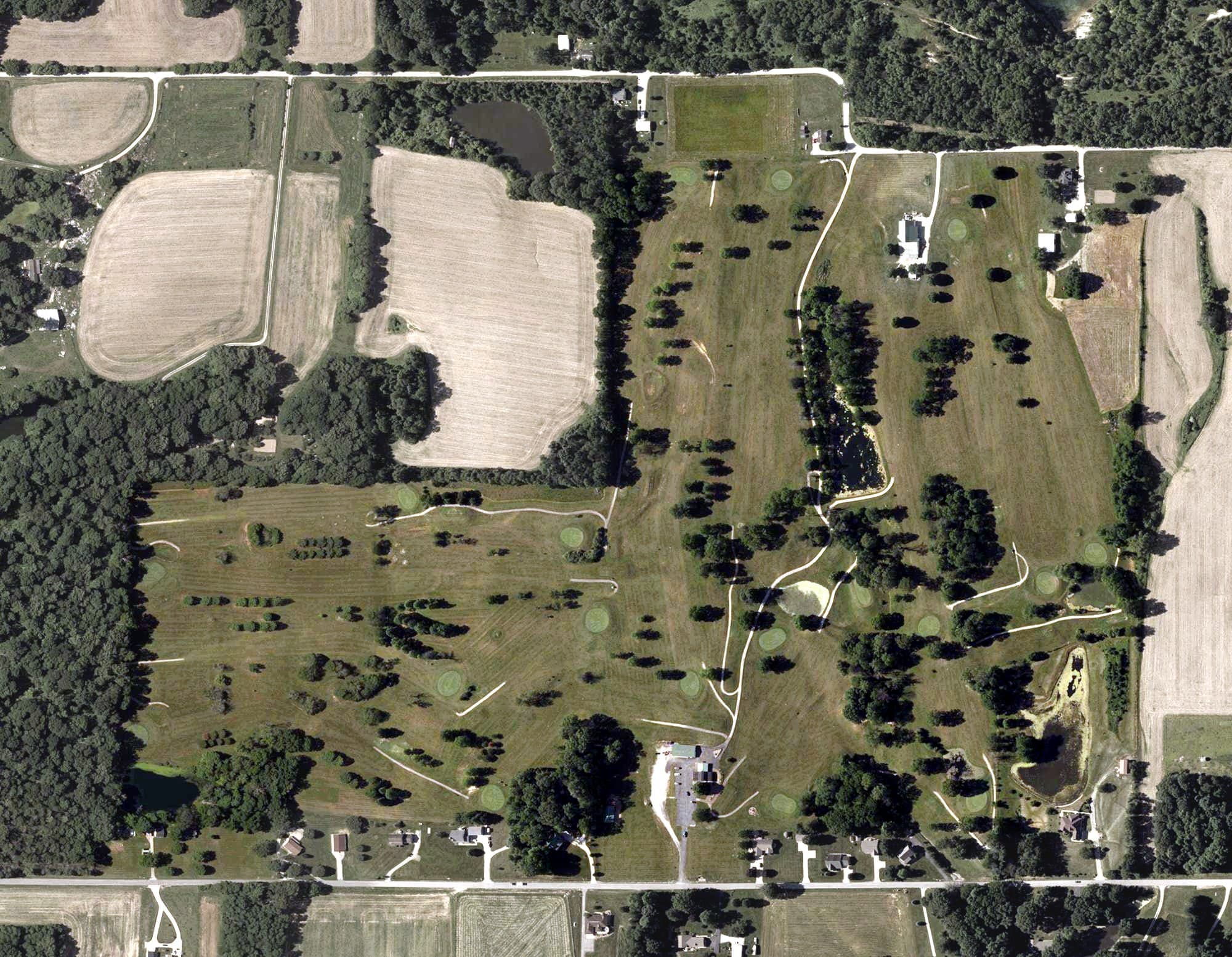 Aerial view of Clover Meadows Golf Course, IN, with its hole routing marked