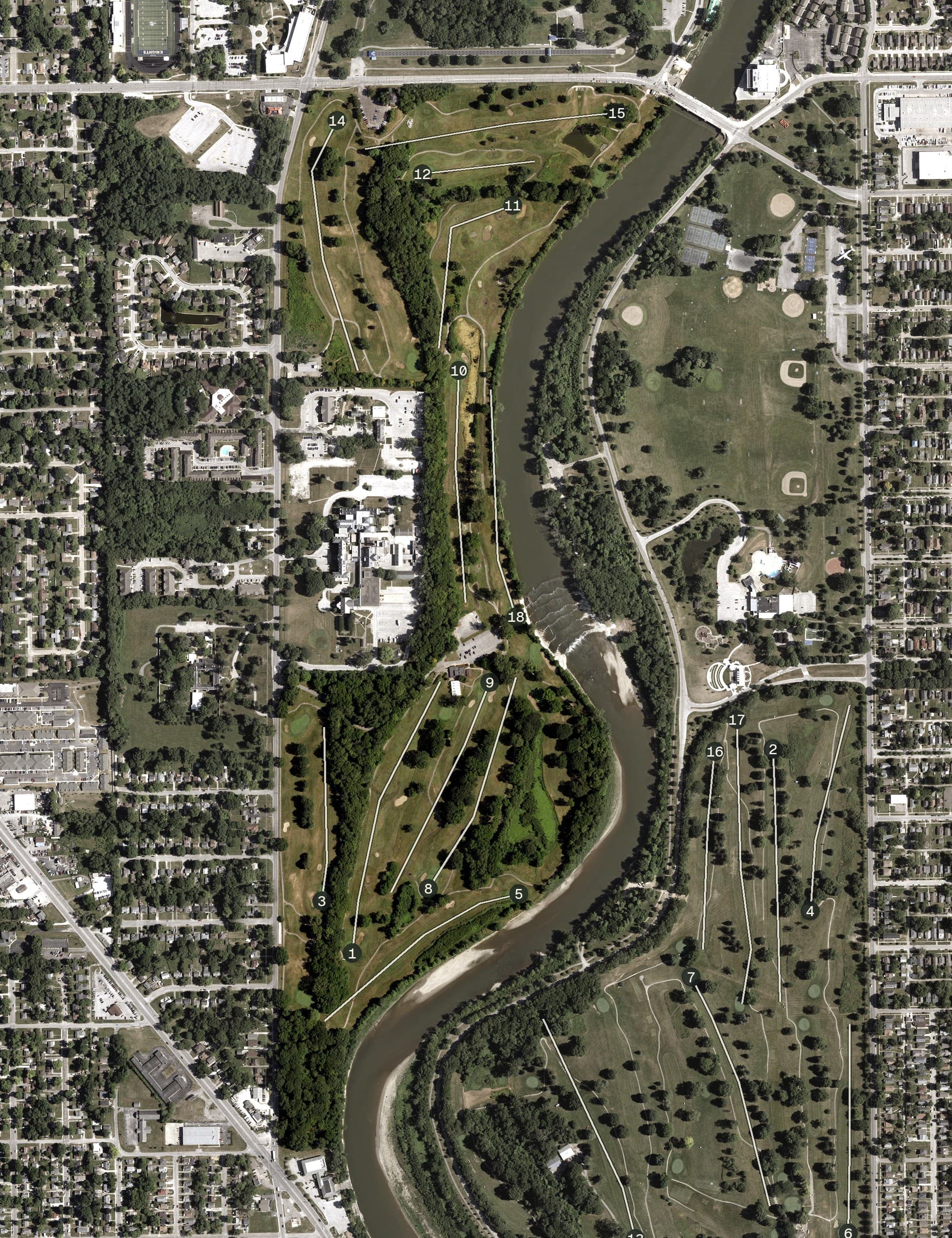 Aerial view of Coffin Golf Course, IN, with its hole routing marked