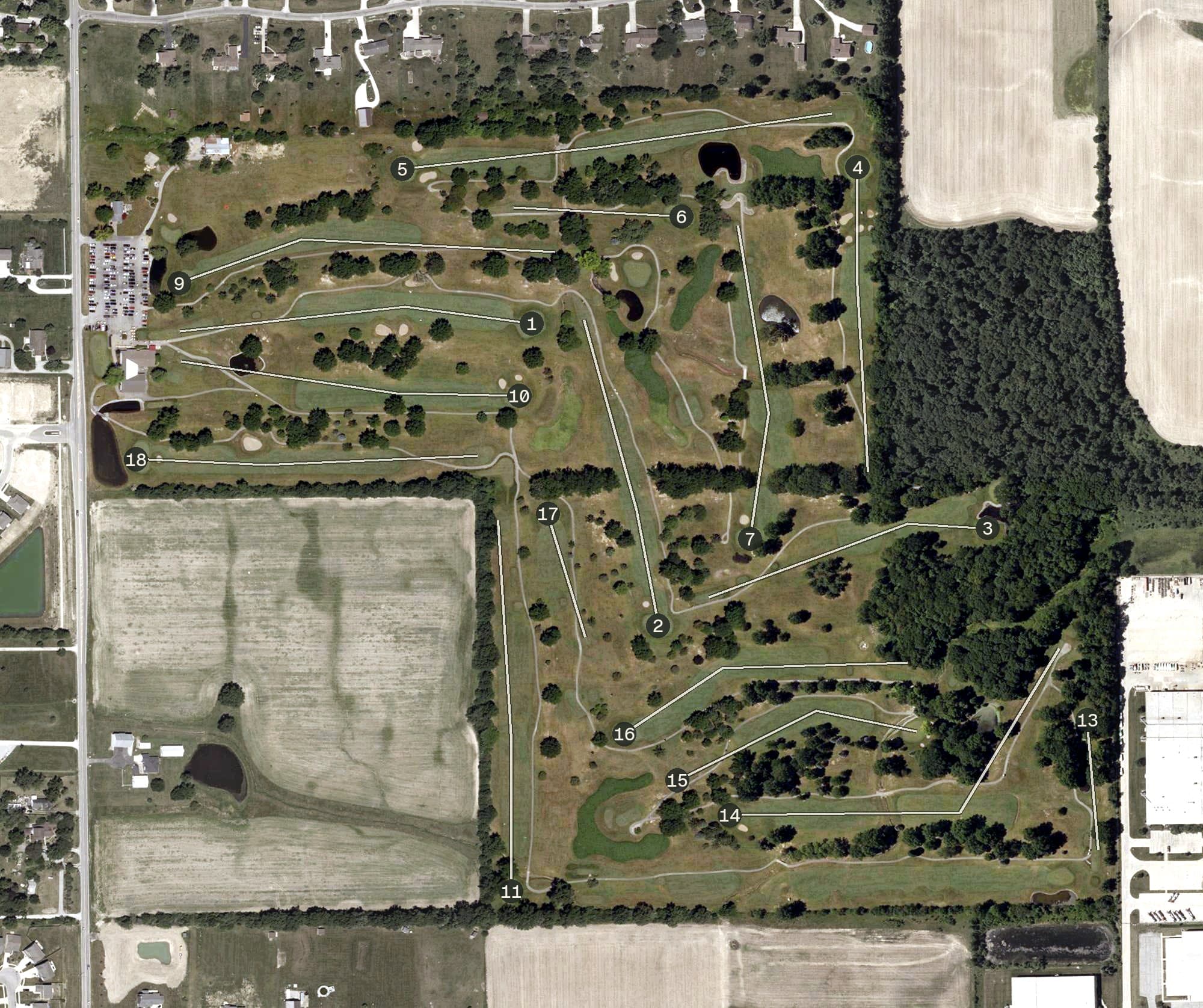 Aerial view of Colonial Oaks Golf Club, IN, with its hole routing marked