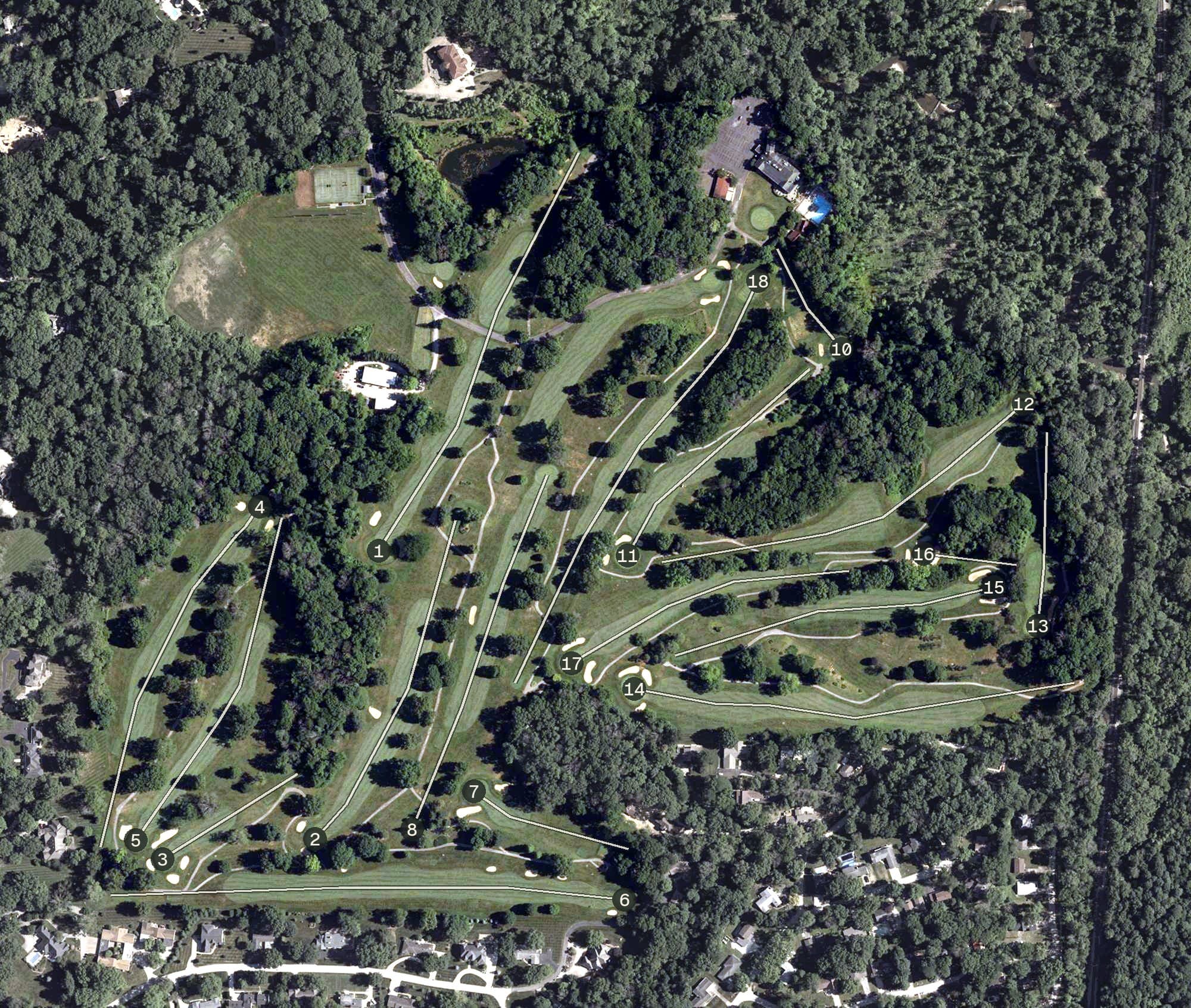 Aerial view of Country Club of Terre Haute, IN, with its hole routing marked