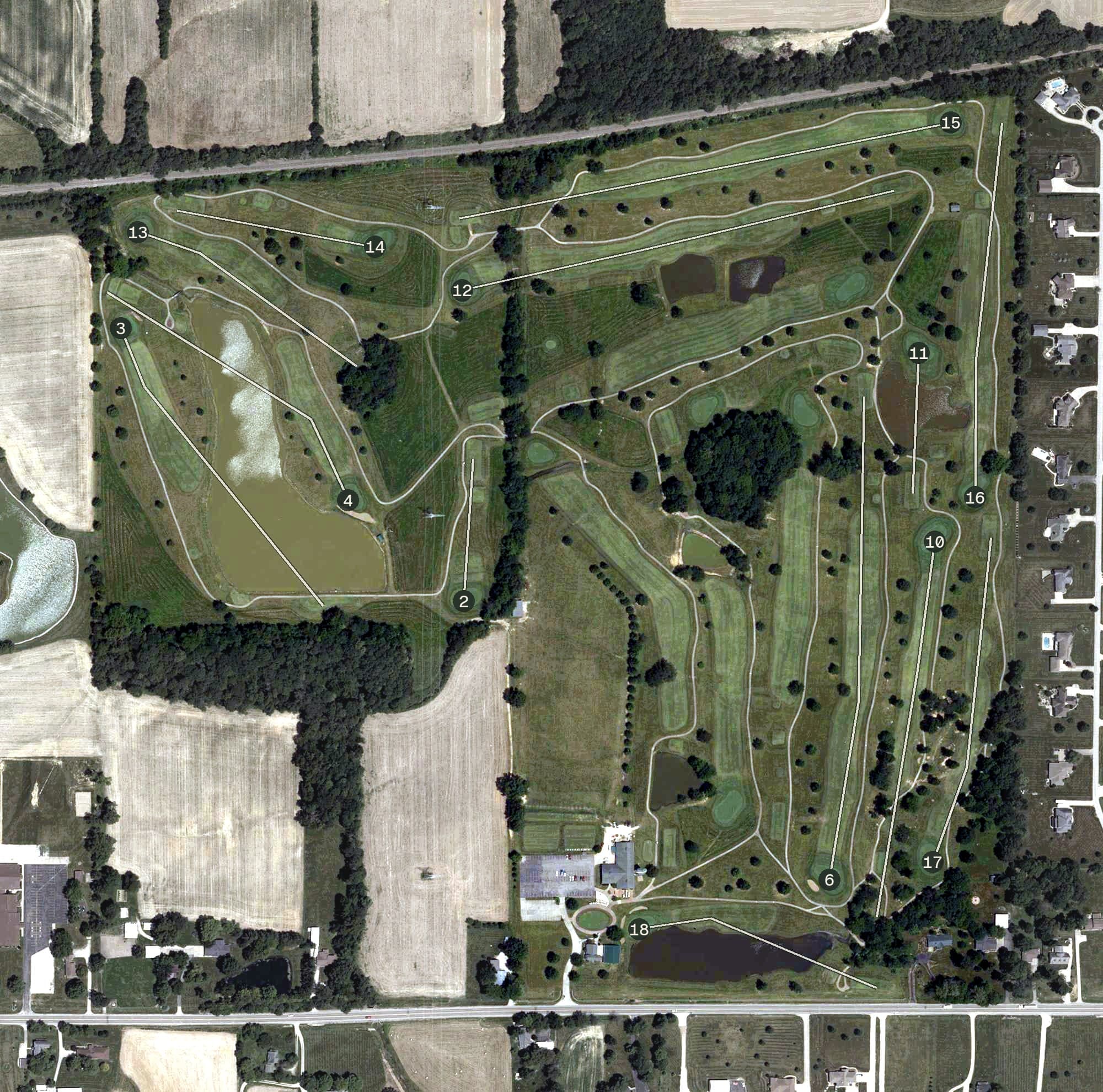 Aerial view of Country Oaks Golf Course, IN, with its hole routing marked