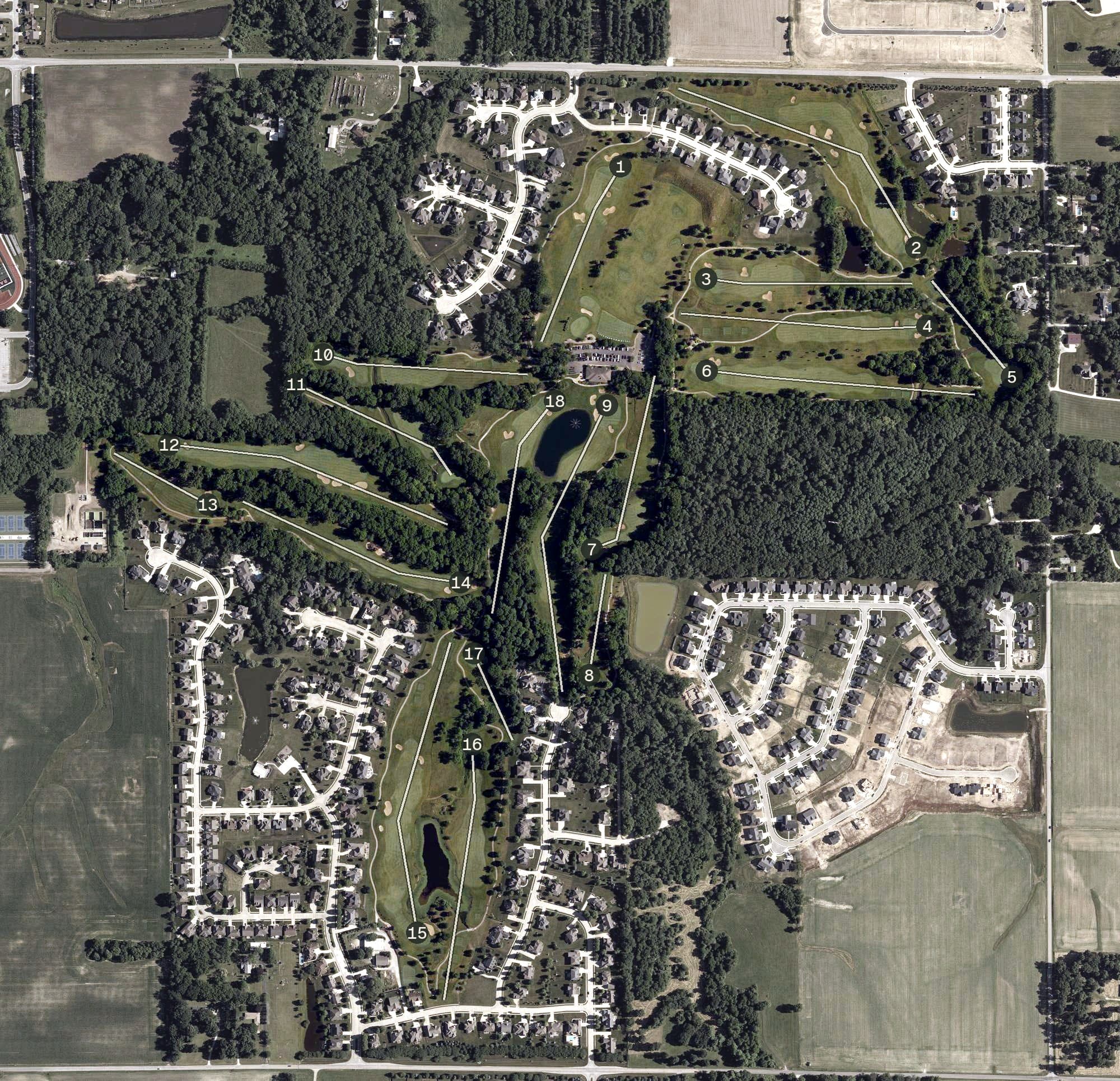 Aerial view of Coyote Crossing Golf Club, IN, with its hole routing marked