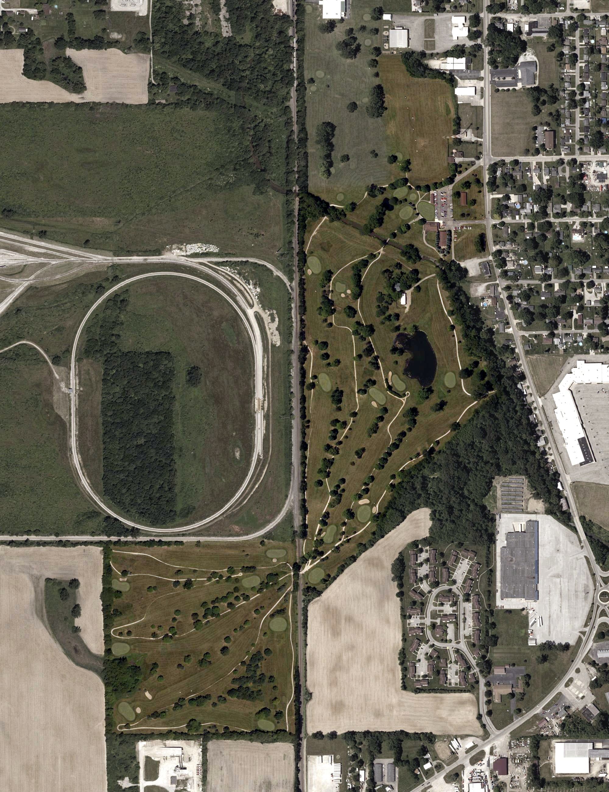 Aerial view of Crestview Golf Club, IN, with its hole routing marked
