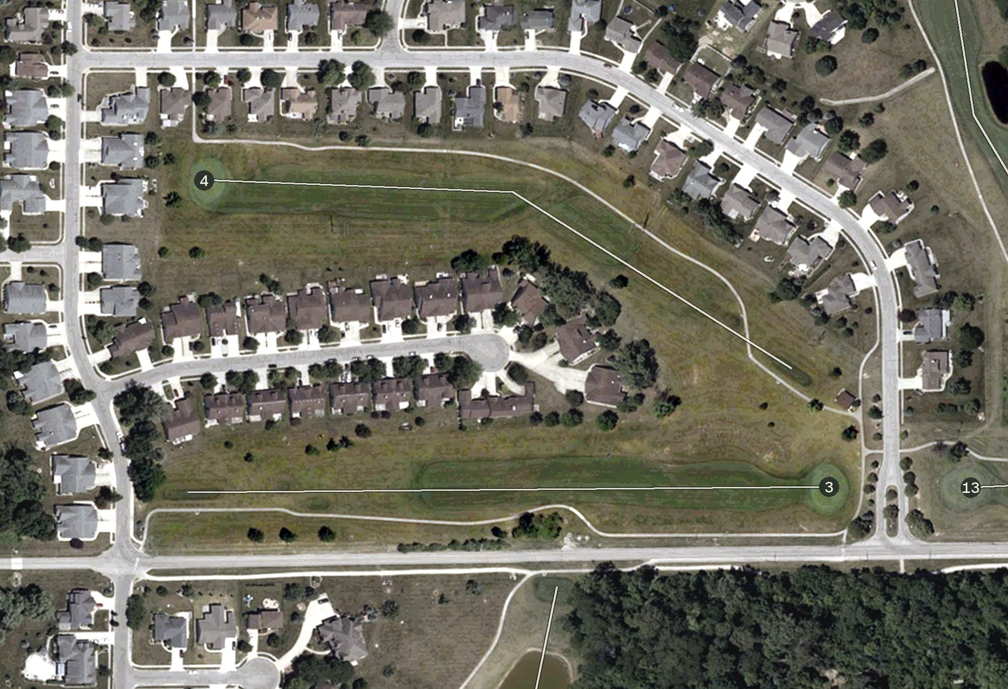 Aerial view of Cross Creek Golf Club, IN, with its hole routing marked
