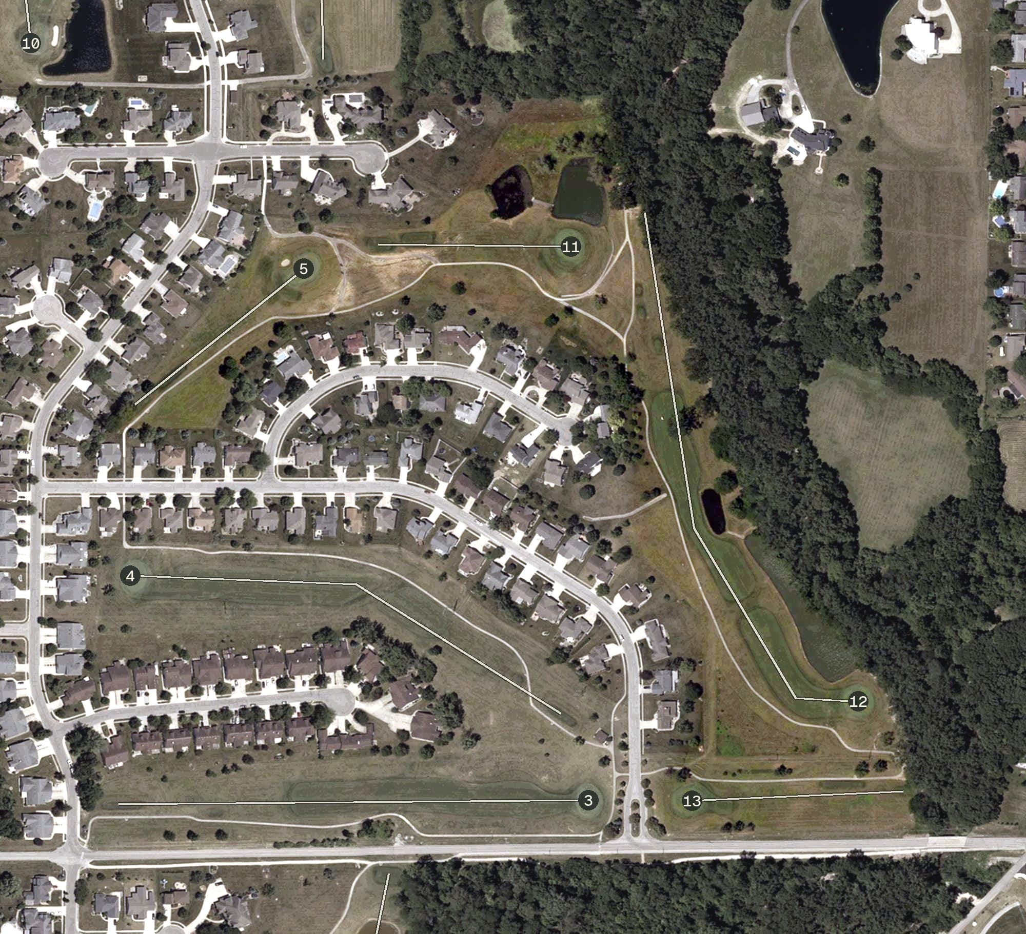 Aerial view of Cross Creek Golf Club, IN, with its hole routing marked