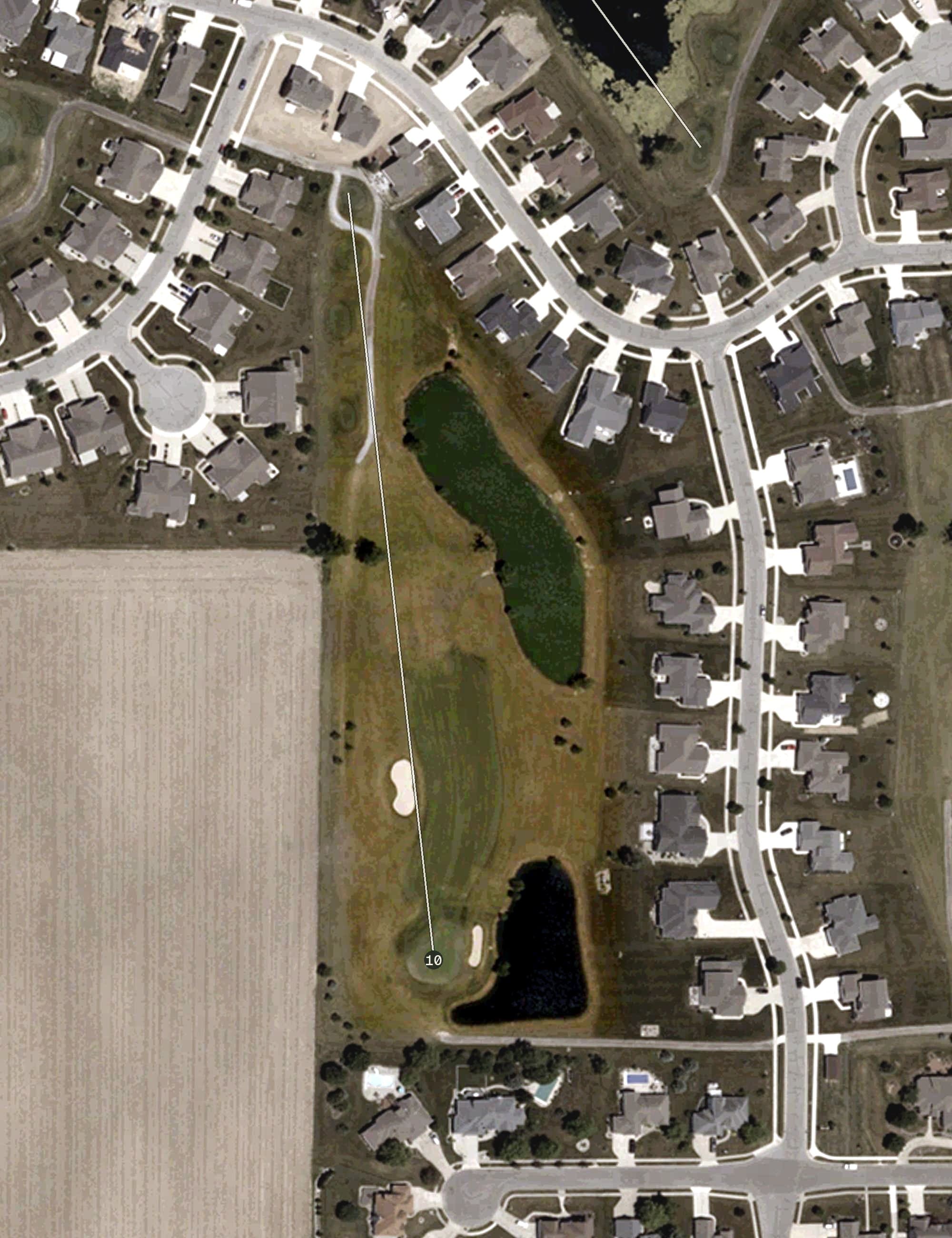 Aerial view of Cross Creek Golf Club, IN, with its hole routing marked
