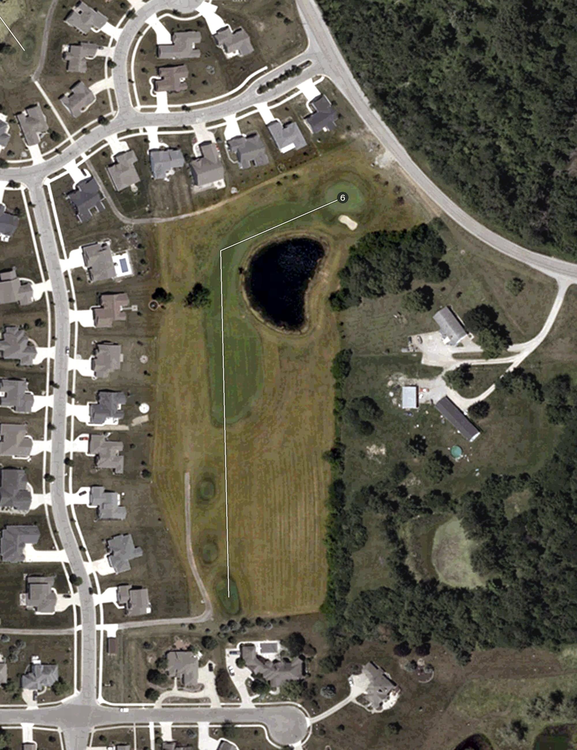 Aerial view of Cross Creek Golf Club, IN, with its hole routing marked