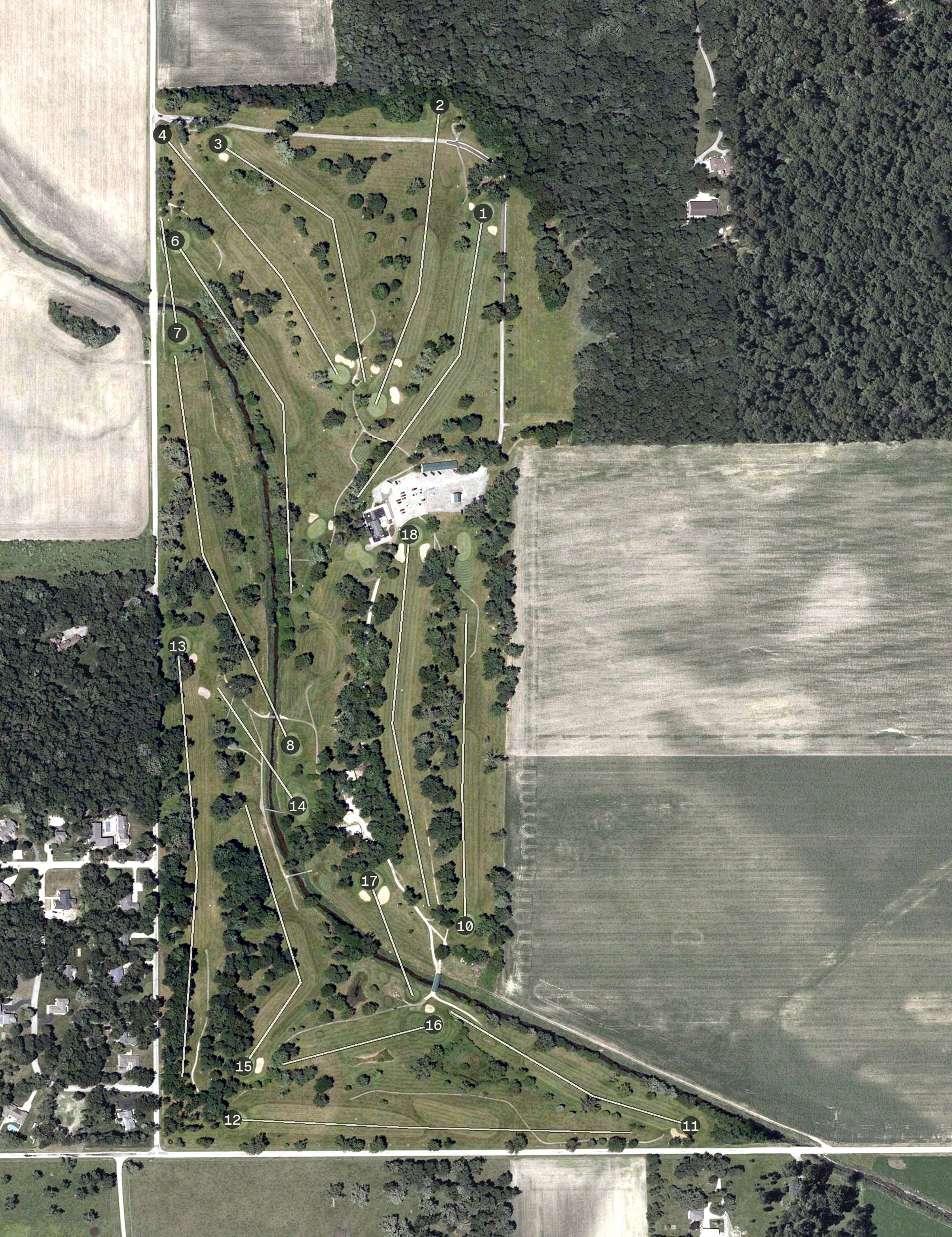 Aerial view of Curtis Creek Golf Course, IN, with its hole routing marked