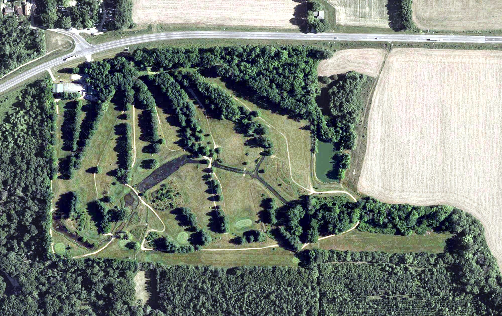 Aerial view of Cypress Run Golf Course, IN, with its hole routing marked