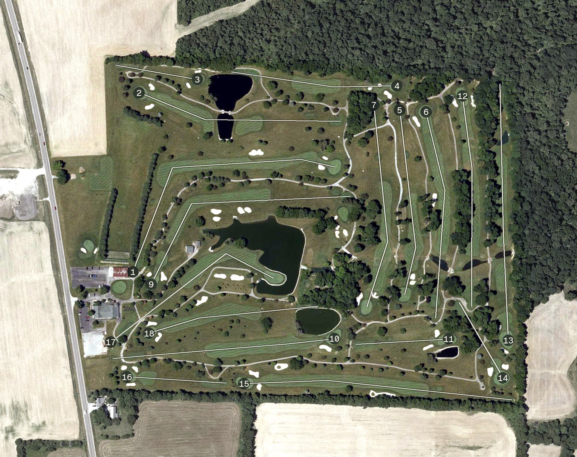 Aerial view of Deer Creek Golf Club, IN, with its hole routing marked