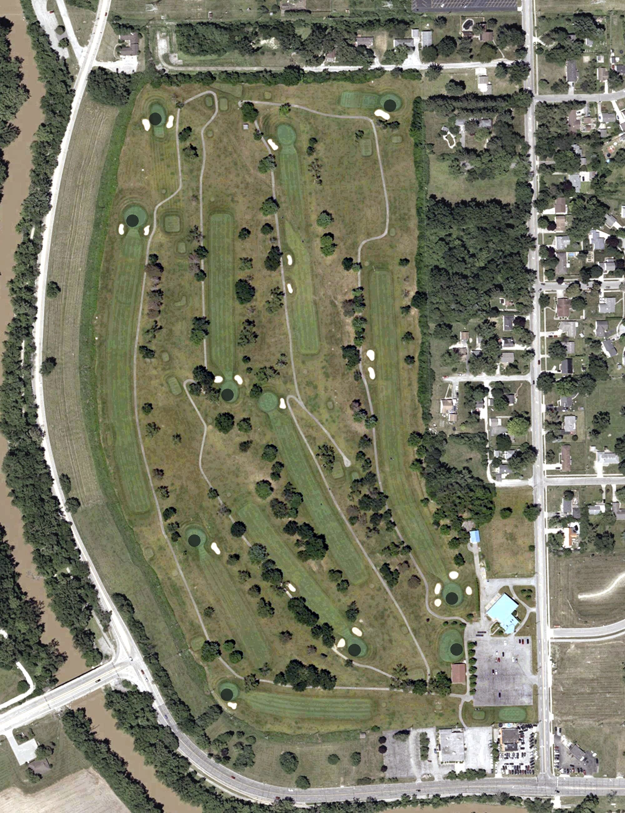 Aerial view of Donald Ross Golf Club, IN, with its hole routing marked