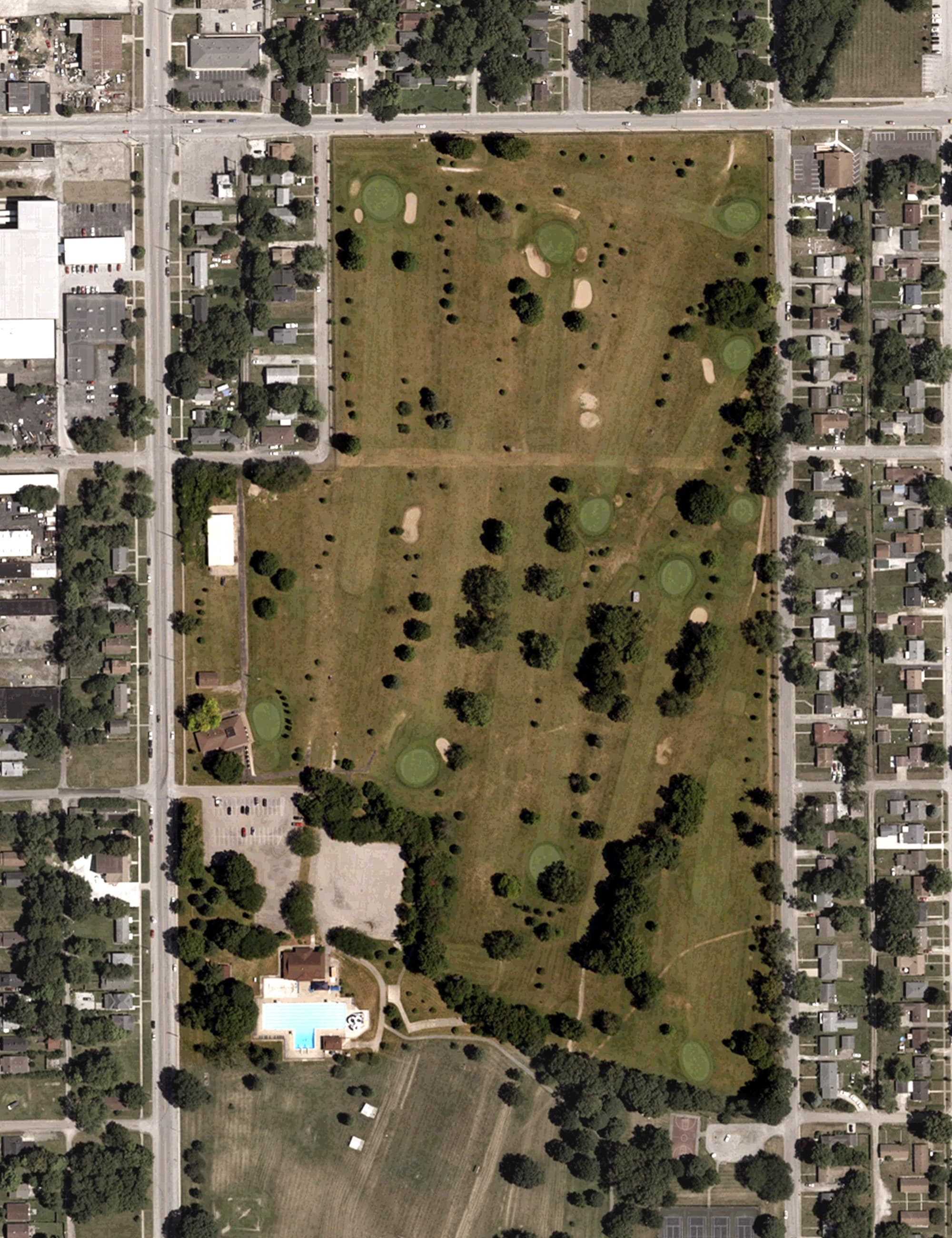 Aerial view of Douglass Golf Course, IN, with its hole routing marked