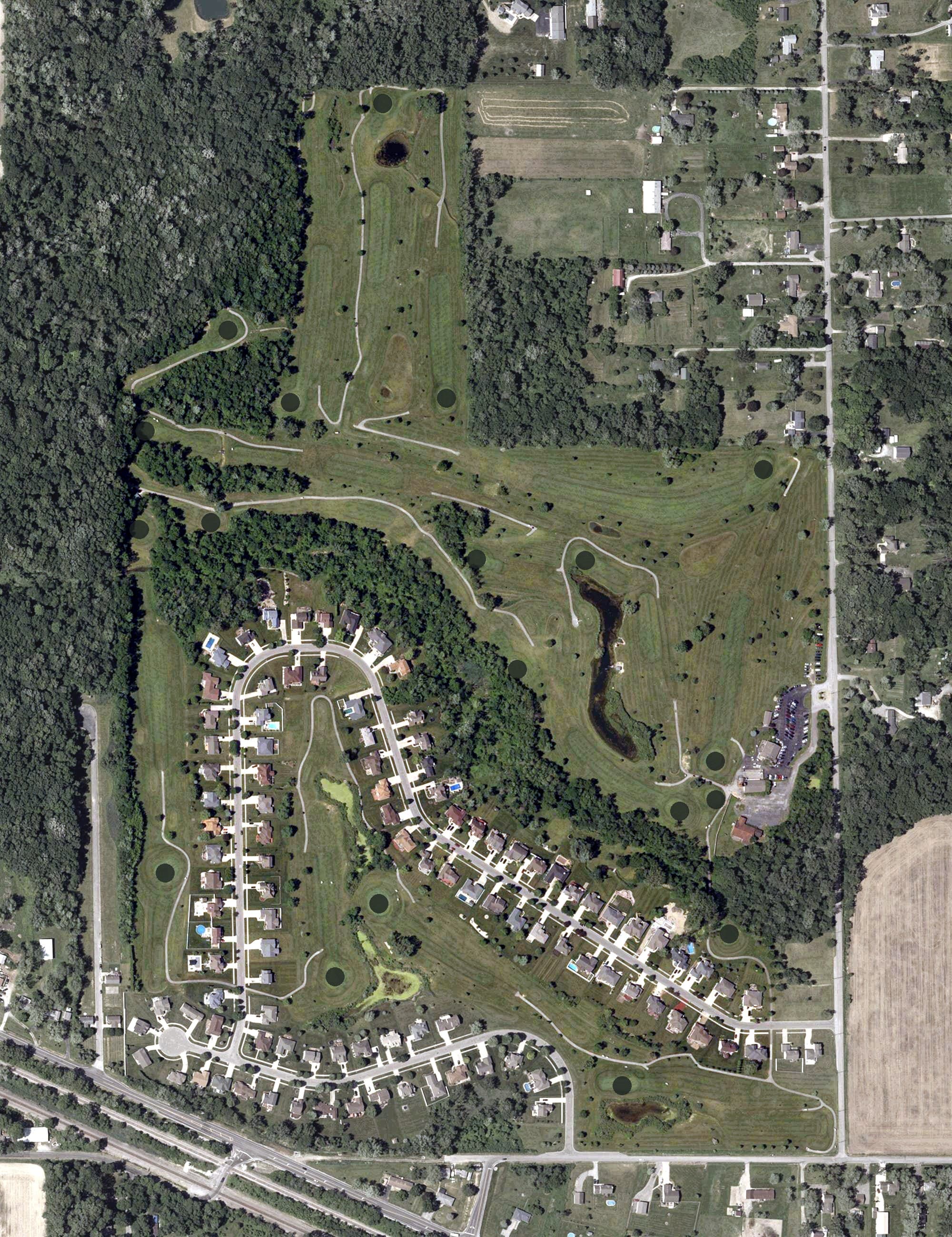 Aerial view of Duck Creek Golf Course, IN, with its hole routing marked