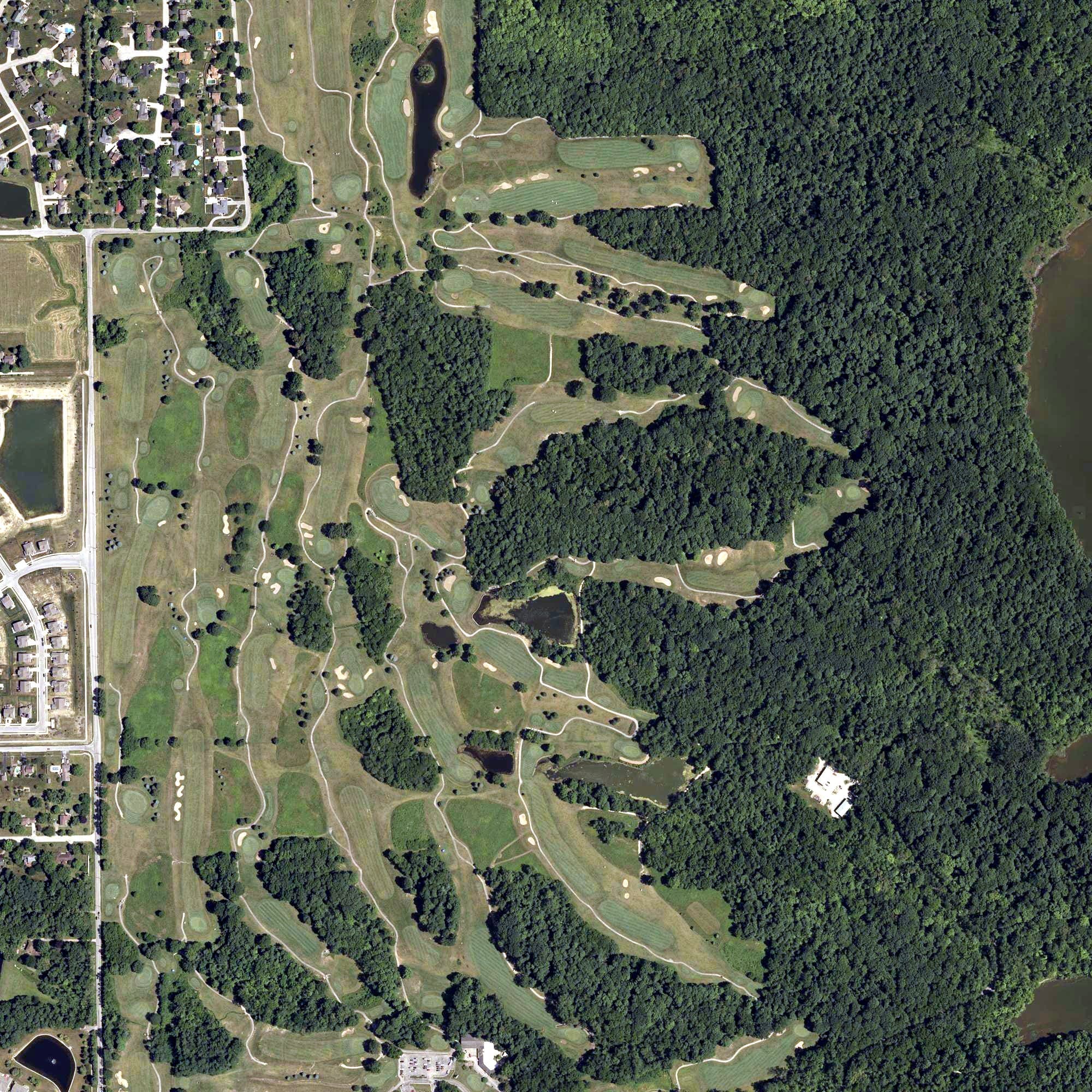 Aerial view of Eagle Creek Golf Club, IN, with its hole routing marked