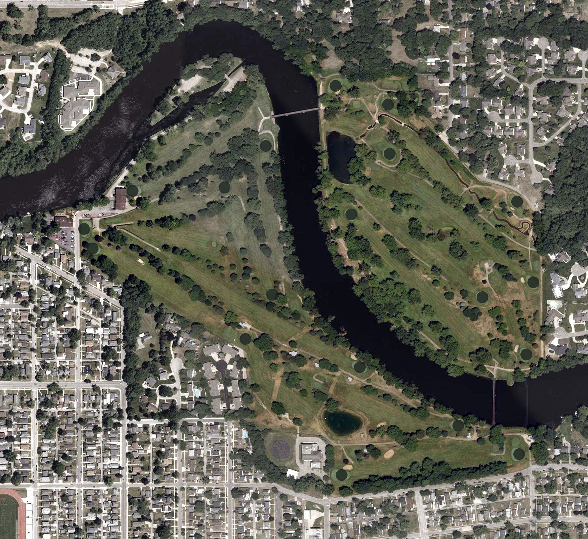 Aerial view of Eberhart Petro Golf Course, IN, with its hole routing marked