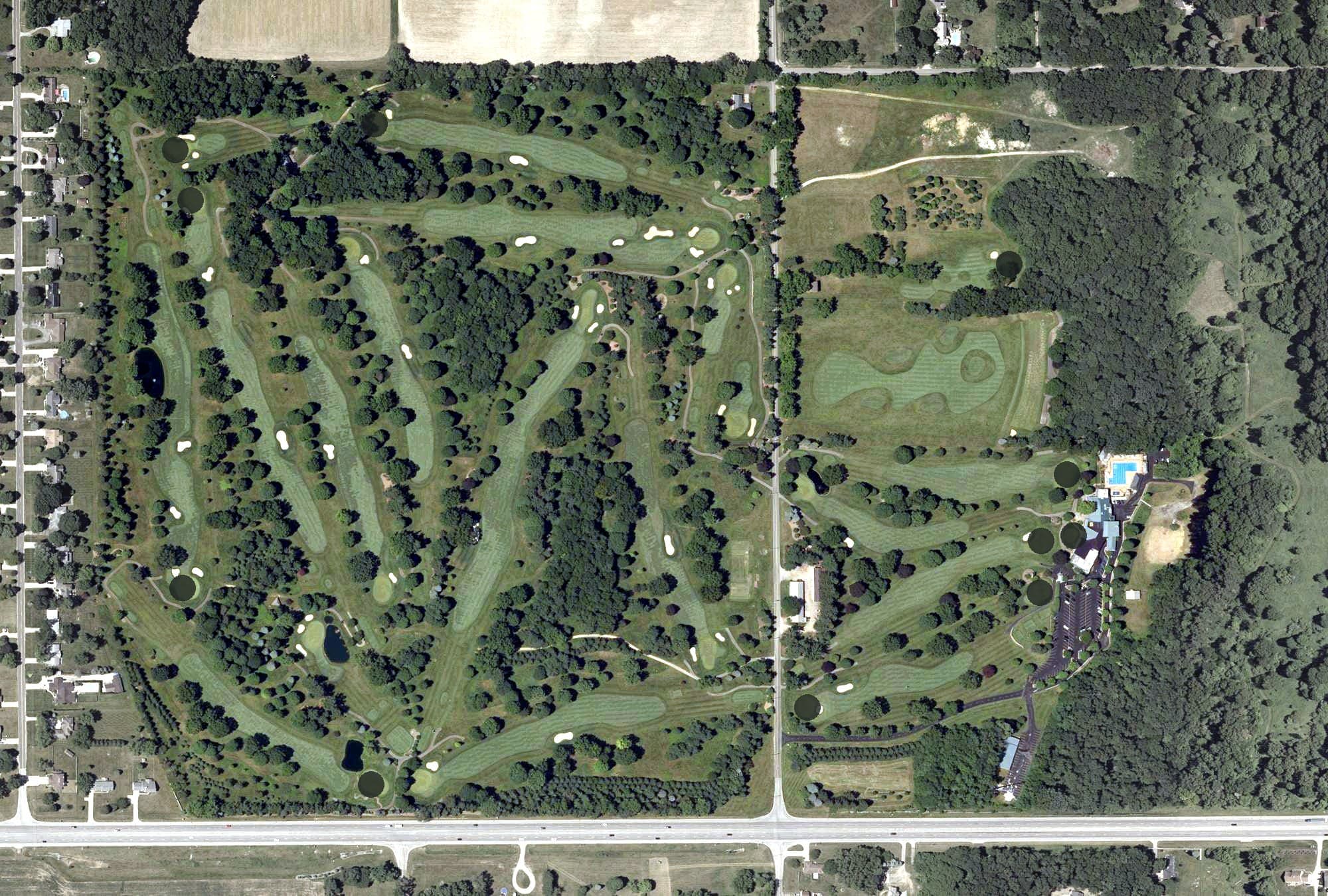 Aerial view of Elcona Country Club, IN, with its hole routing marked