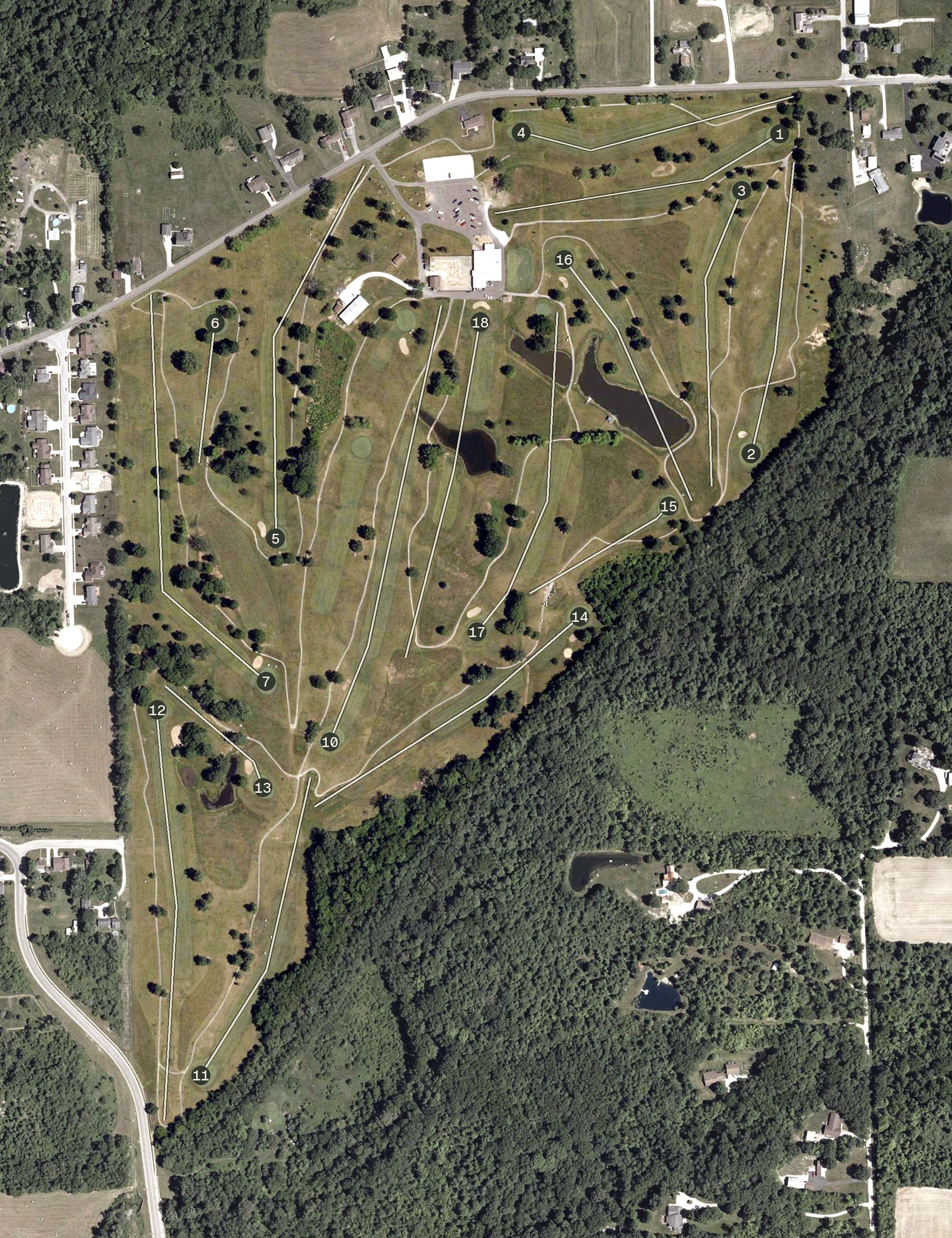 Aerial view of Elks Club Marion IN, IN, with its hole routing marked