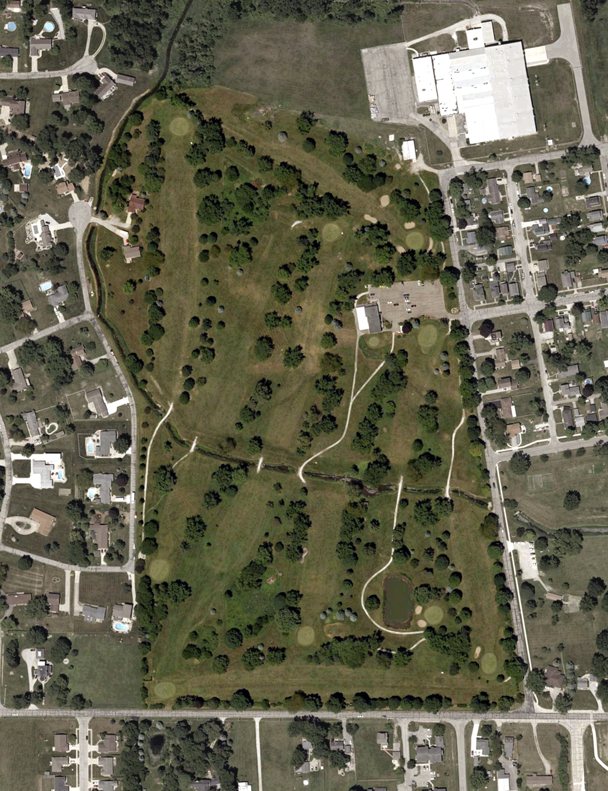 Aerial view of Elks Country Club, IN, with its hole routing marked