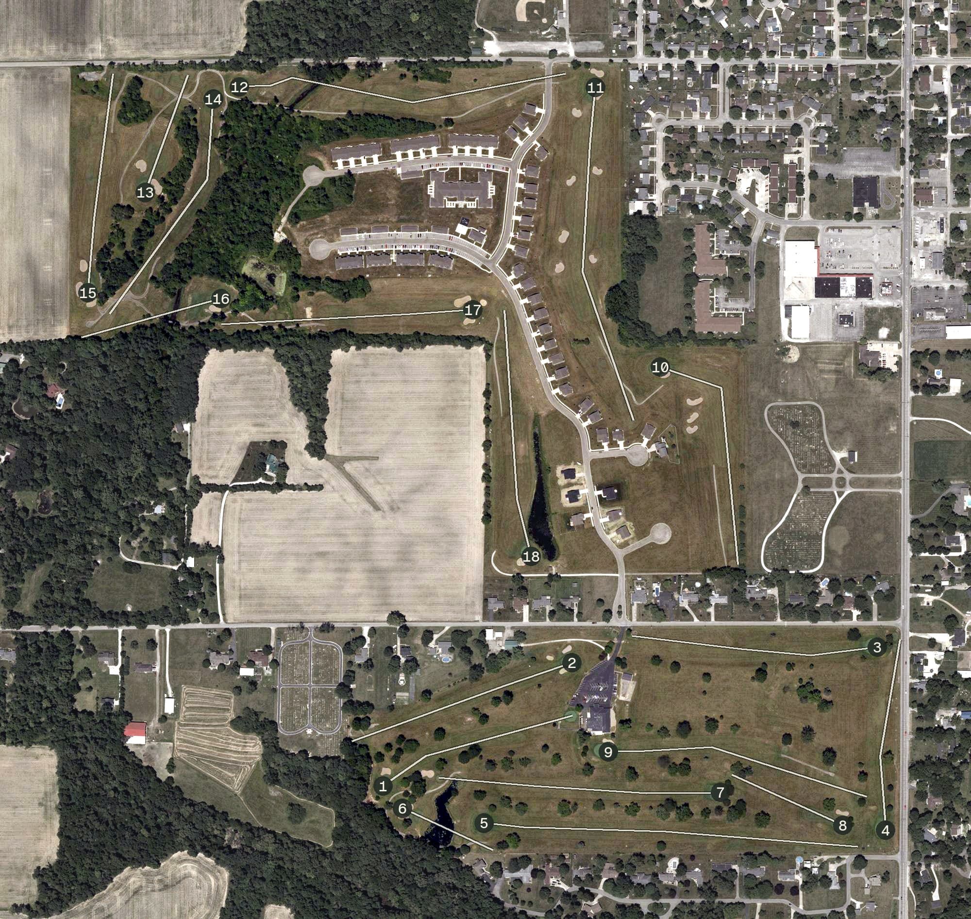 Aerial view of Elwood Golf Course, IN, with its hole routing marked