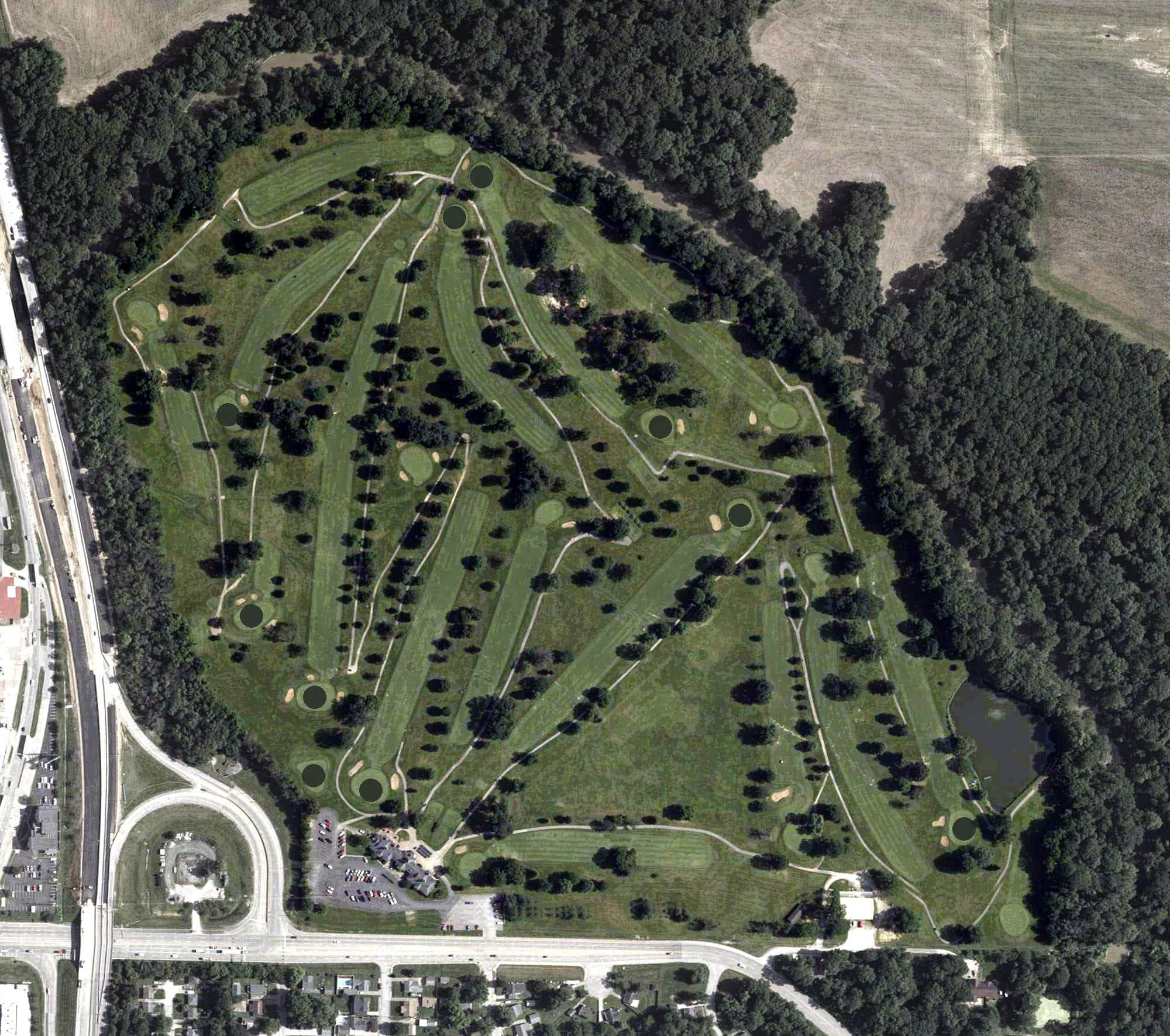 Aerial view of Fendrich Golf Course, IN, with its hole routing marked