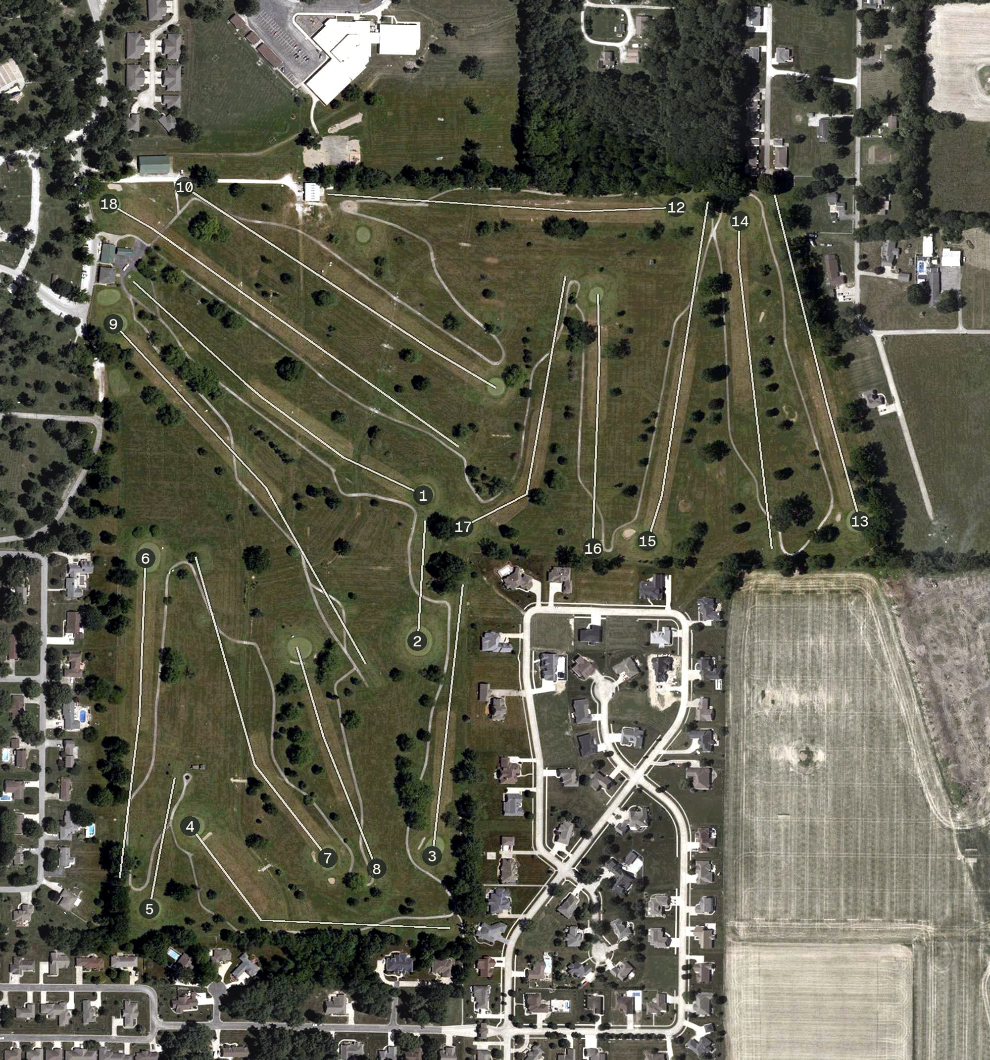 Aerial view of Forest Park Golf Course, IN, with its hole routing marked