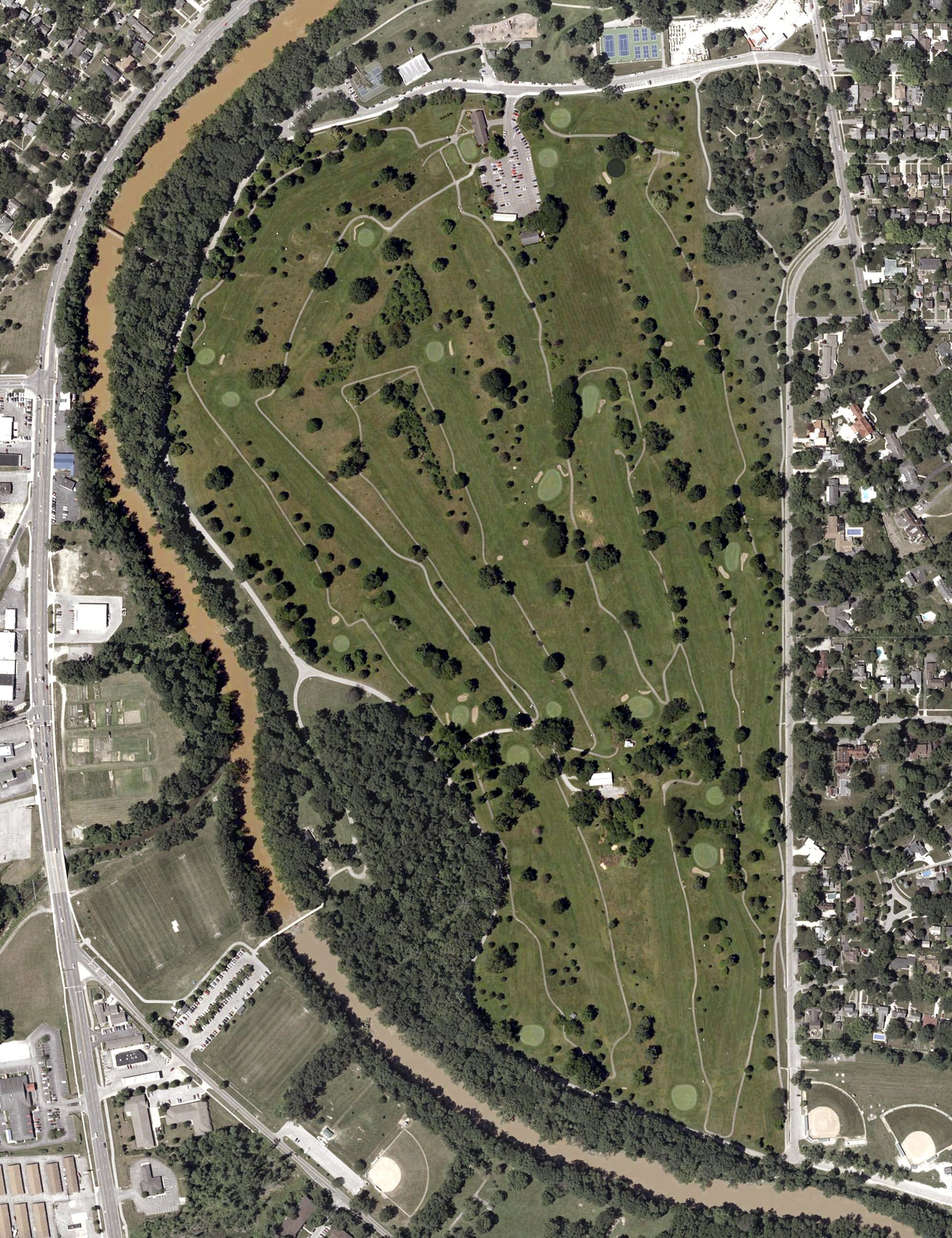 Aerial view of Foster Park Golf Course, IN, with its hole routing marked
