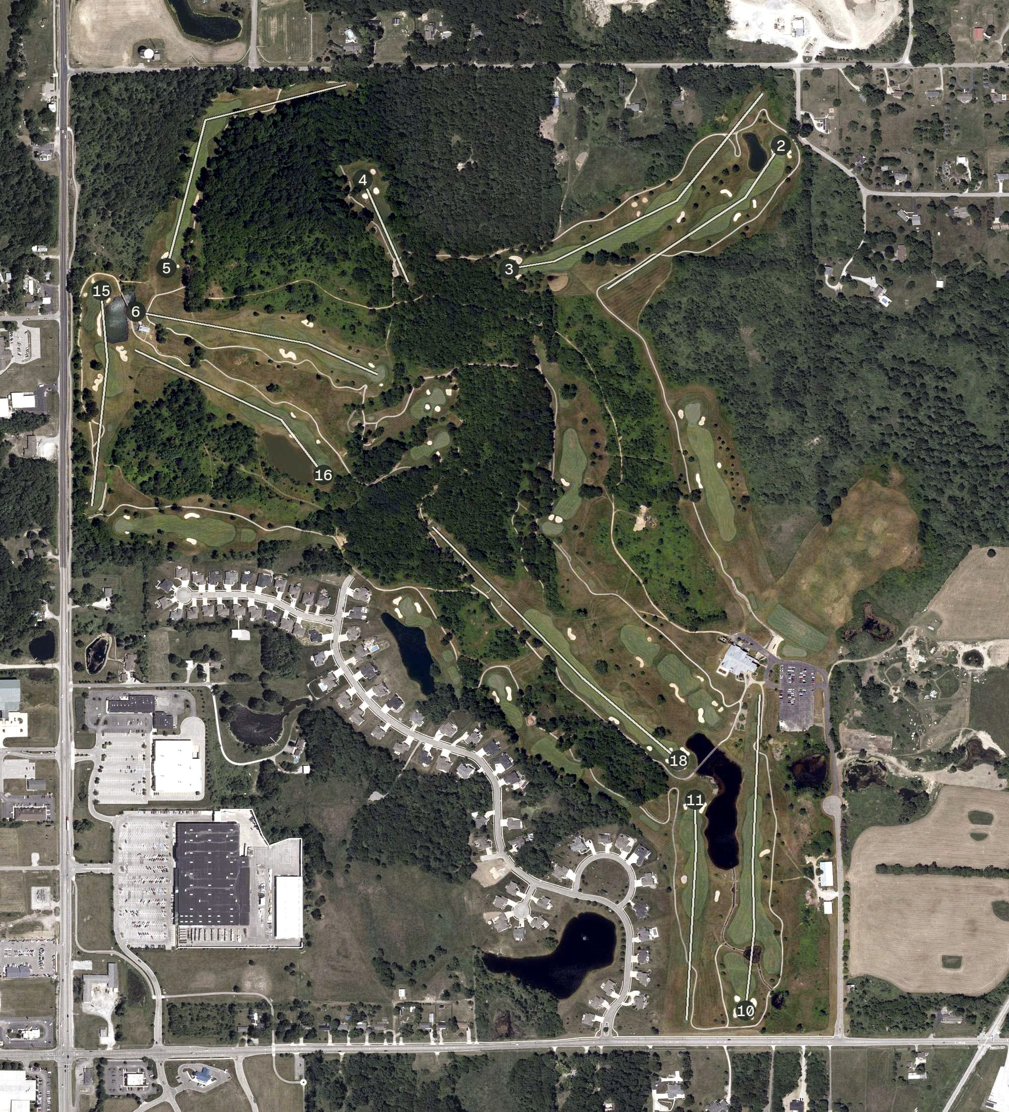 Aerial view of Glendarin Hills Golf Club, IN, with its hole routing marked