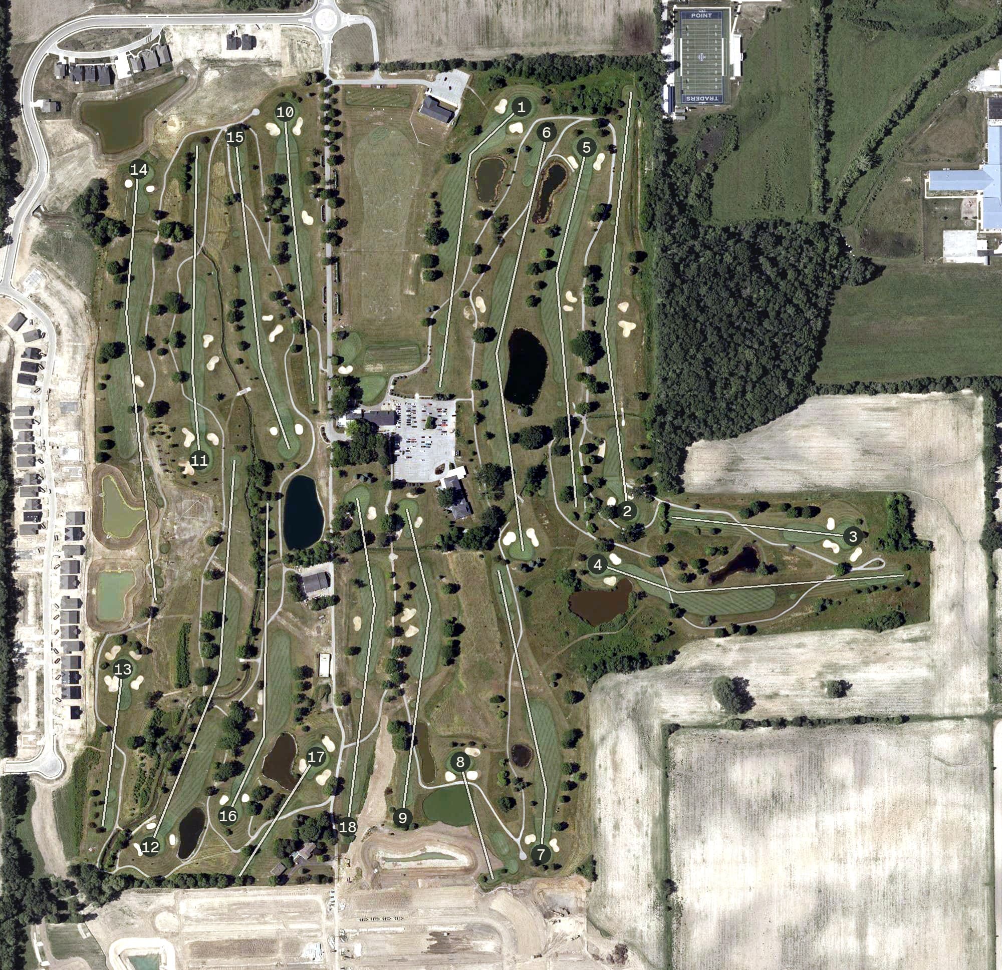 Aerial view of Golf Club of Indiana, IN, with its hole routing marked
