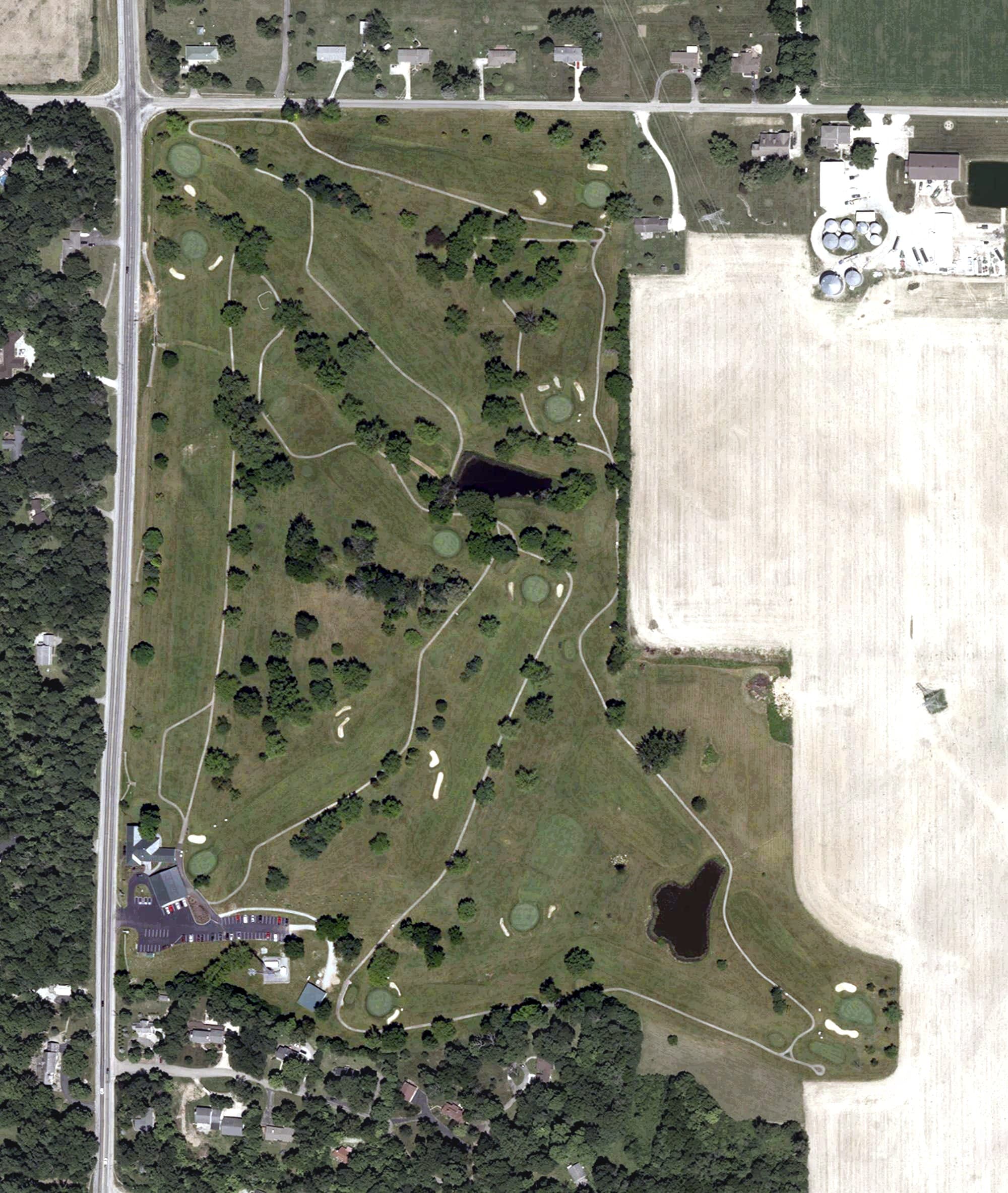Aerial view of Hartley Hills Country Club, IN, with its hole routing marked