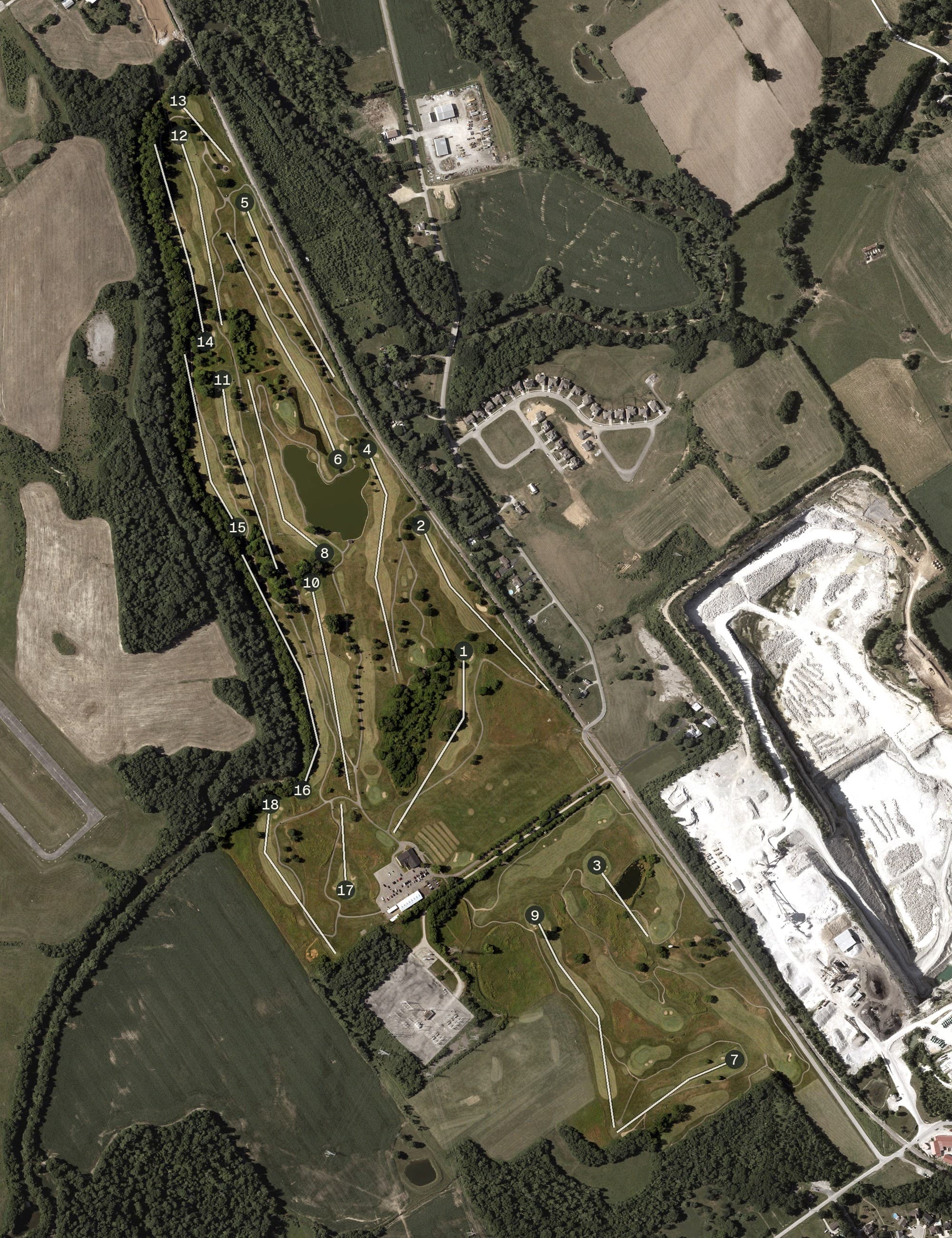Aerial view of Hidden Creek Golf Club, IN, with its hole routing marked