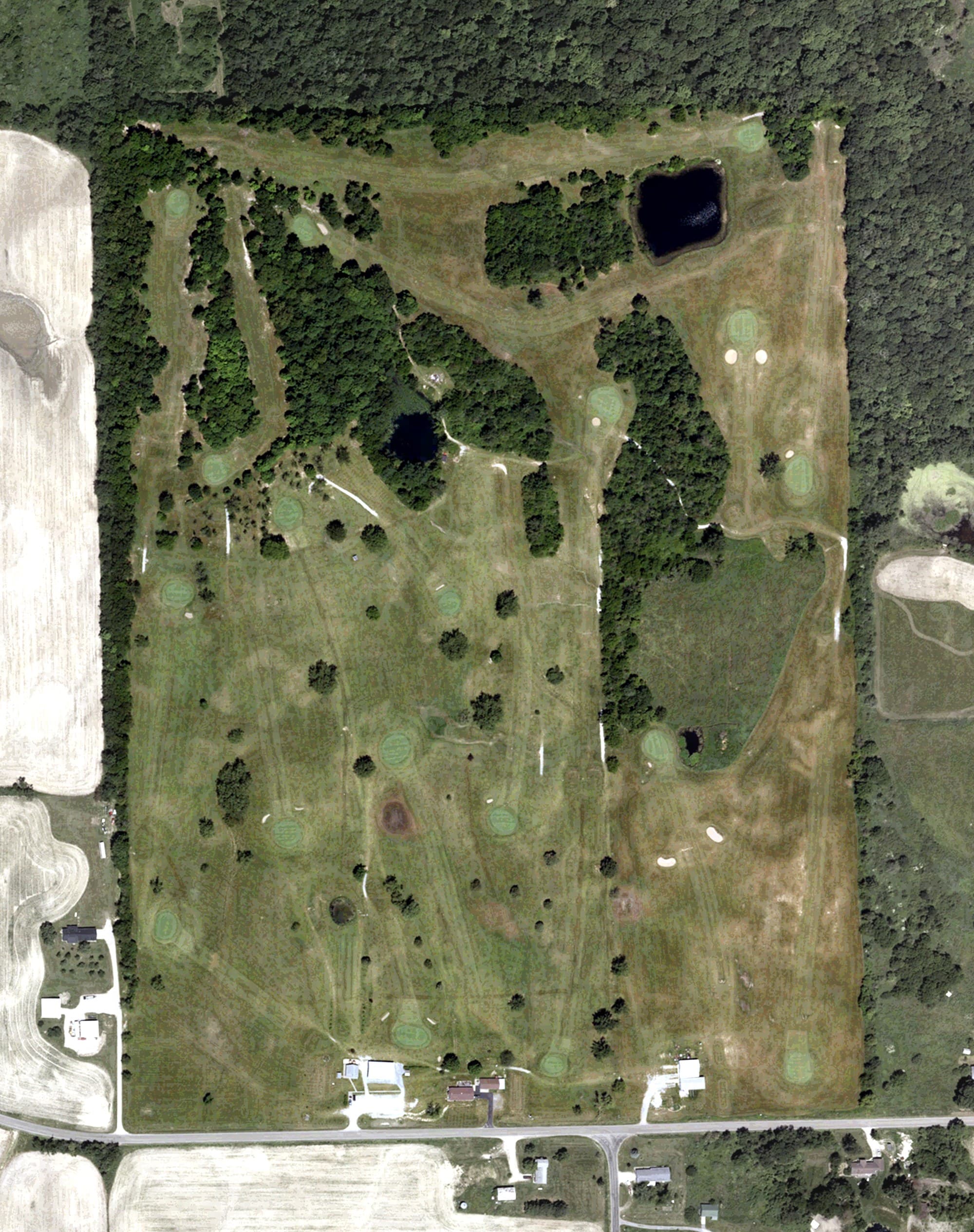 Aerial view of Hidden Valley Golf Course, IN, with its hole routing marked