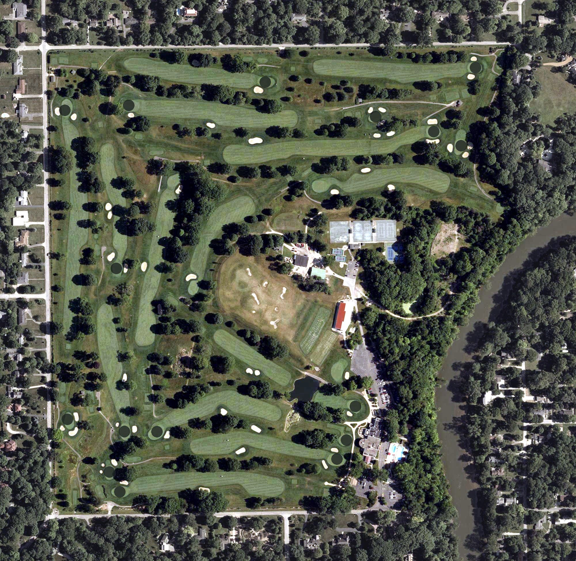 Aerial view of Highland Country Club, IN, with its hole routing marked