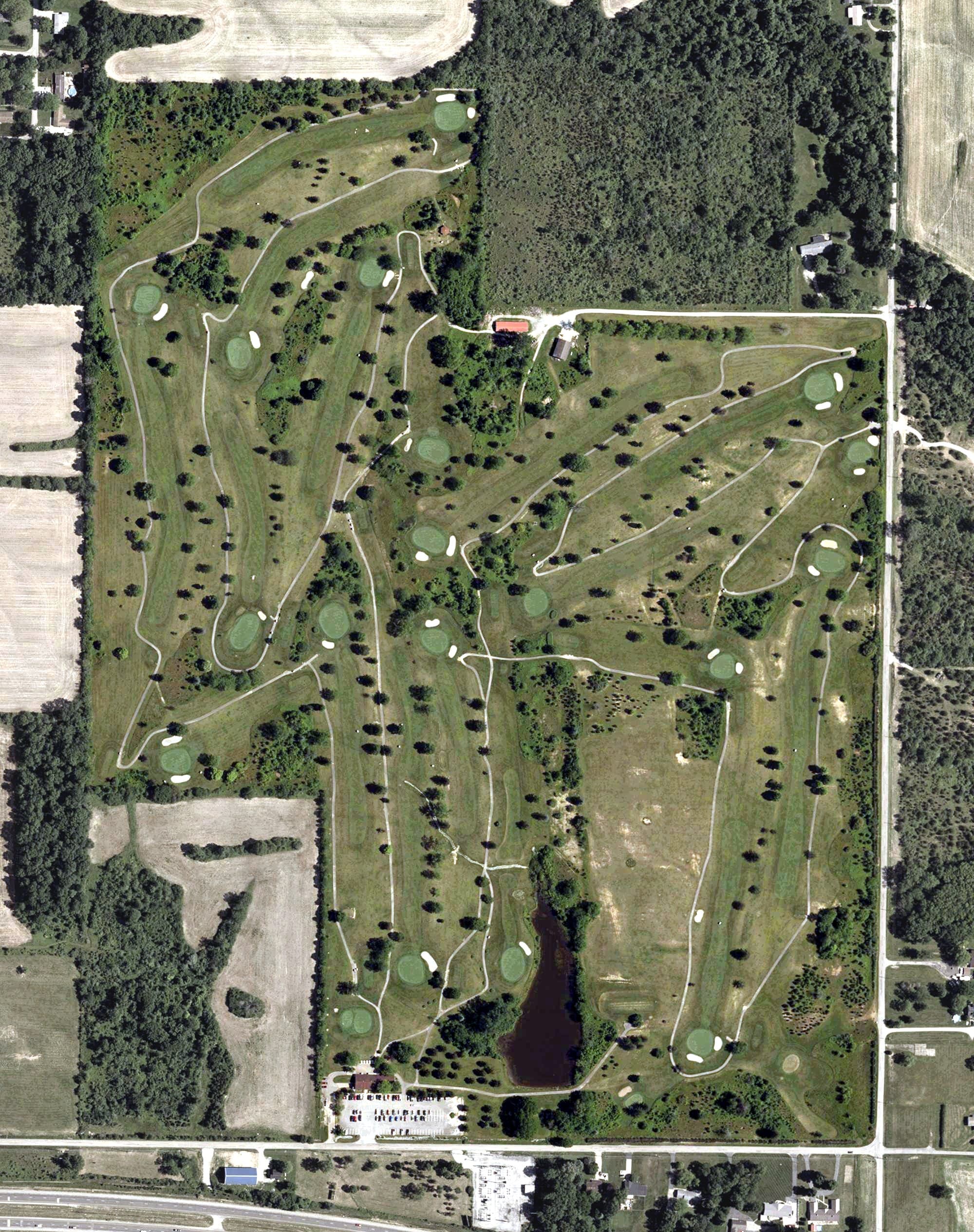 Aerial view of Highland Lake Golf Course, IN, with its hole routing marked