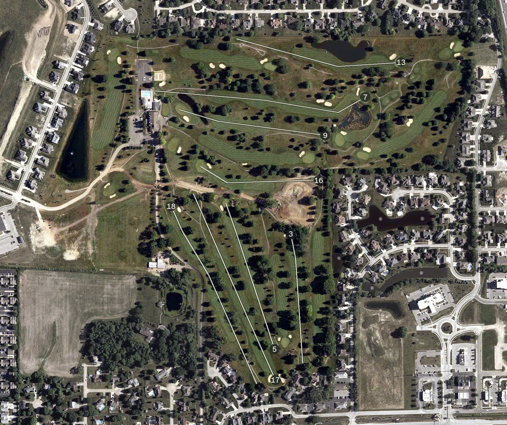 Aerial view of Hillview Country Club, IN, with its hole routing marked