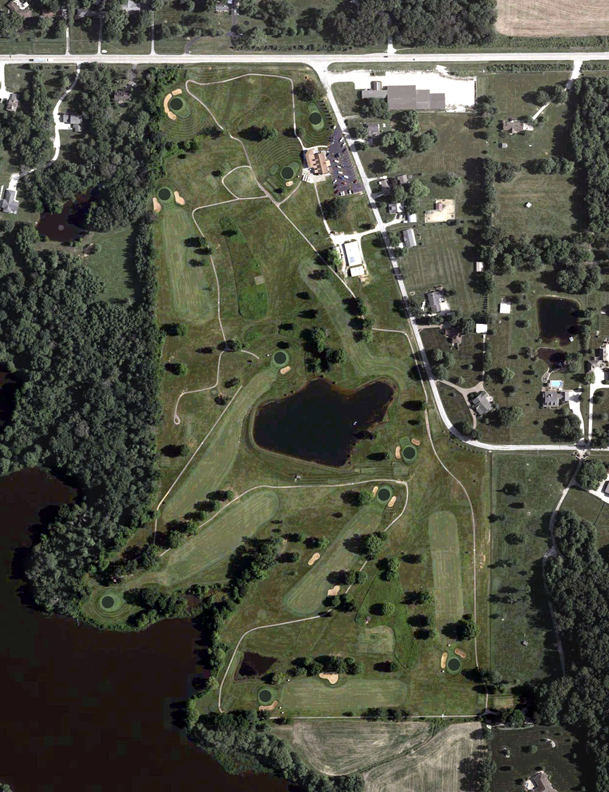 Aerial view of Huntingburg Country Club, IN, with its hole routing marked